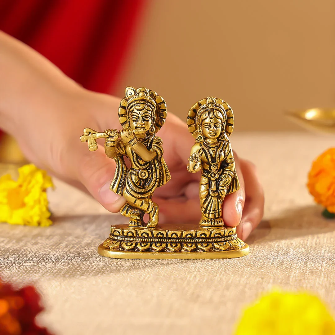 3.5" Brass Superfine Radha Krishna on Pedestal Idol - Image 3