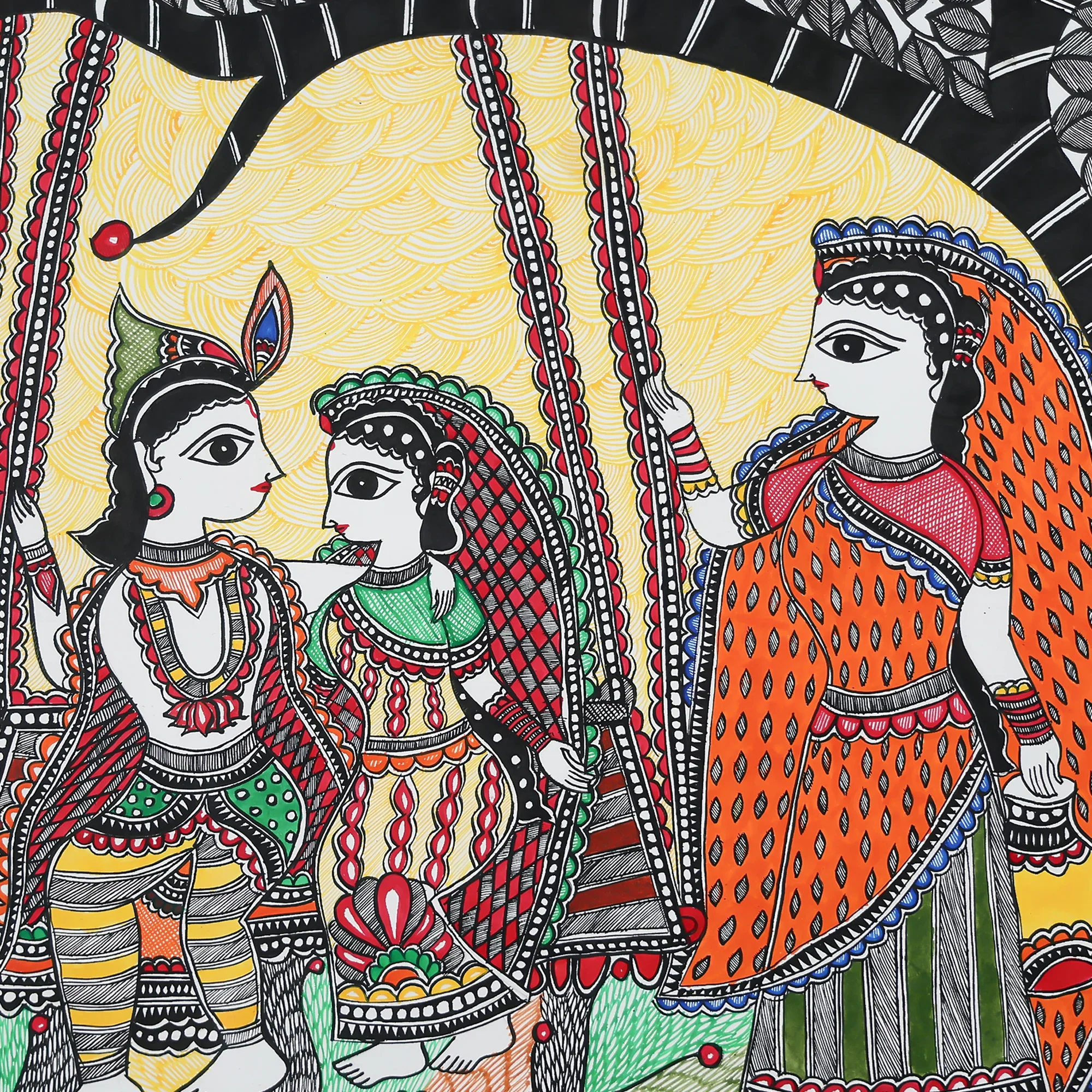 Madhubani Hand-Painted Radha Krishna Swinging Together With Gopis - Image 3