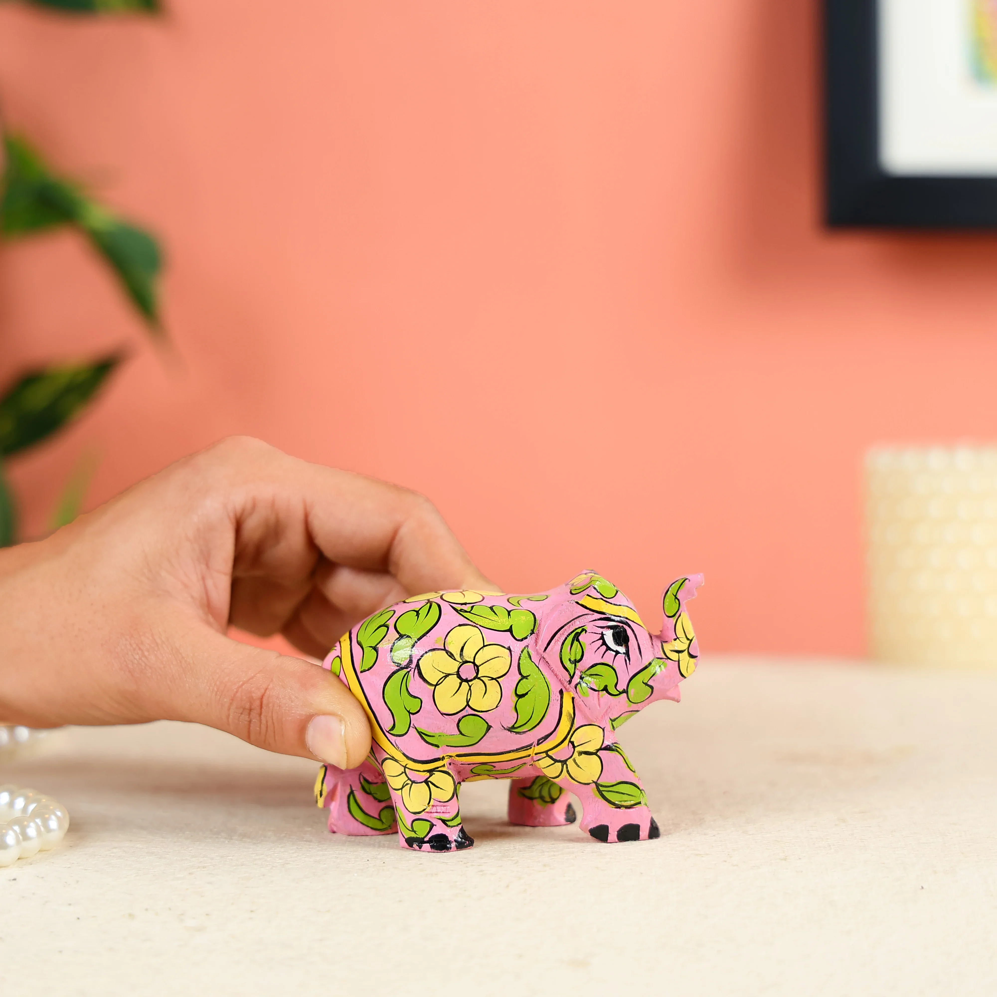 Small Pink Elephant Sculpture With Floral Designs - Image 5