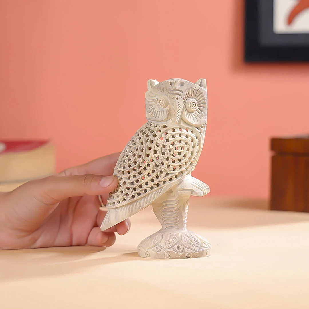 Stone Carved Undercut Owl Figure Table Decor - Image 3