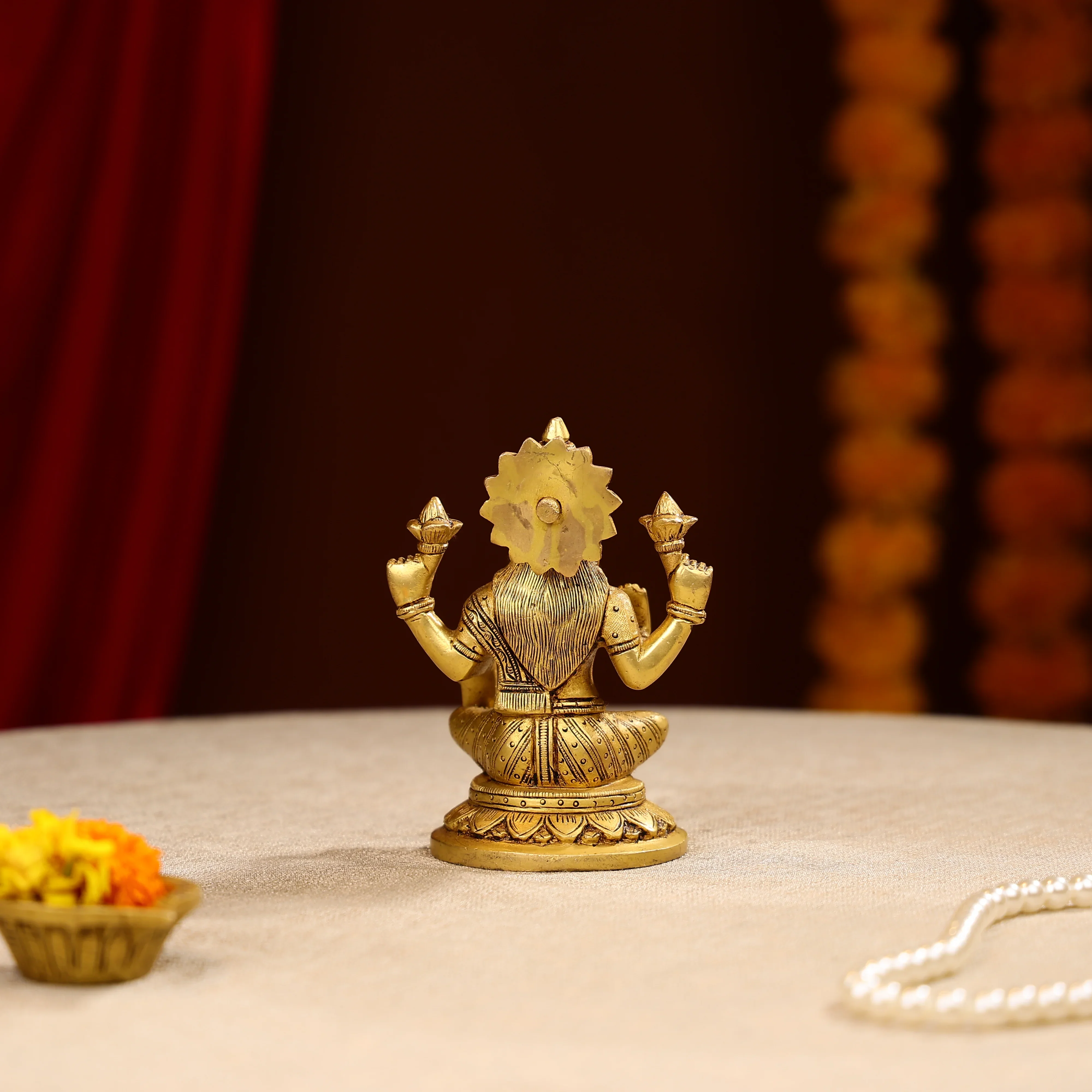 5.5" Super Fine Brass Blessing Goddess Laxmi Seated On Round Base - Image 4