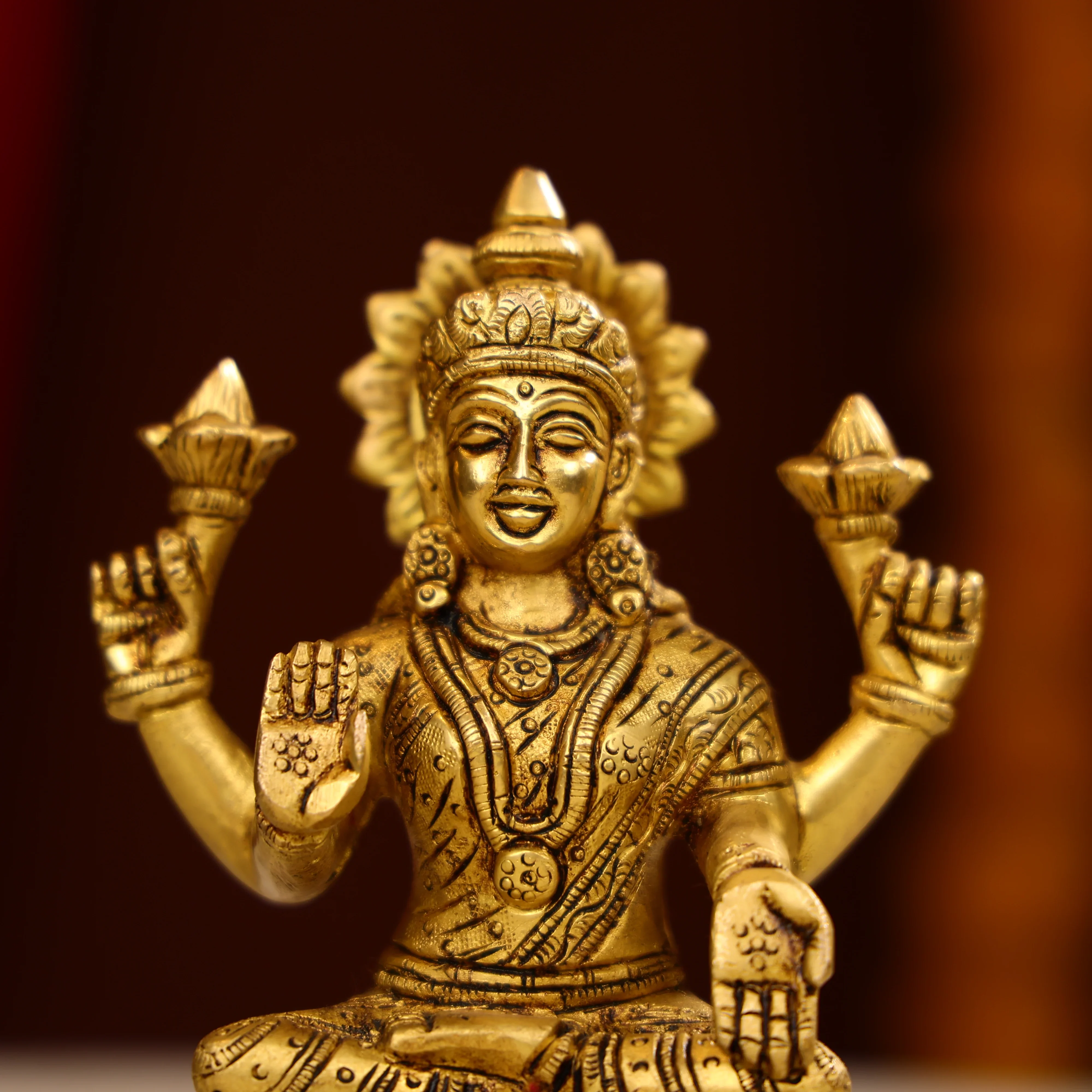 5.5" Super Fine Brass Blessing Goddess Laxmi Seated On Round Base - Image 7