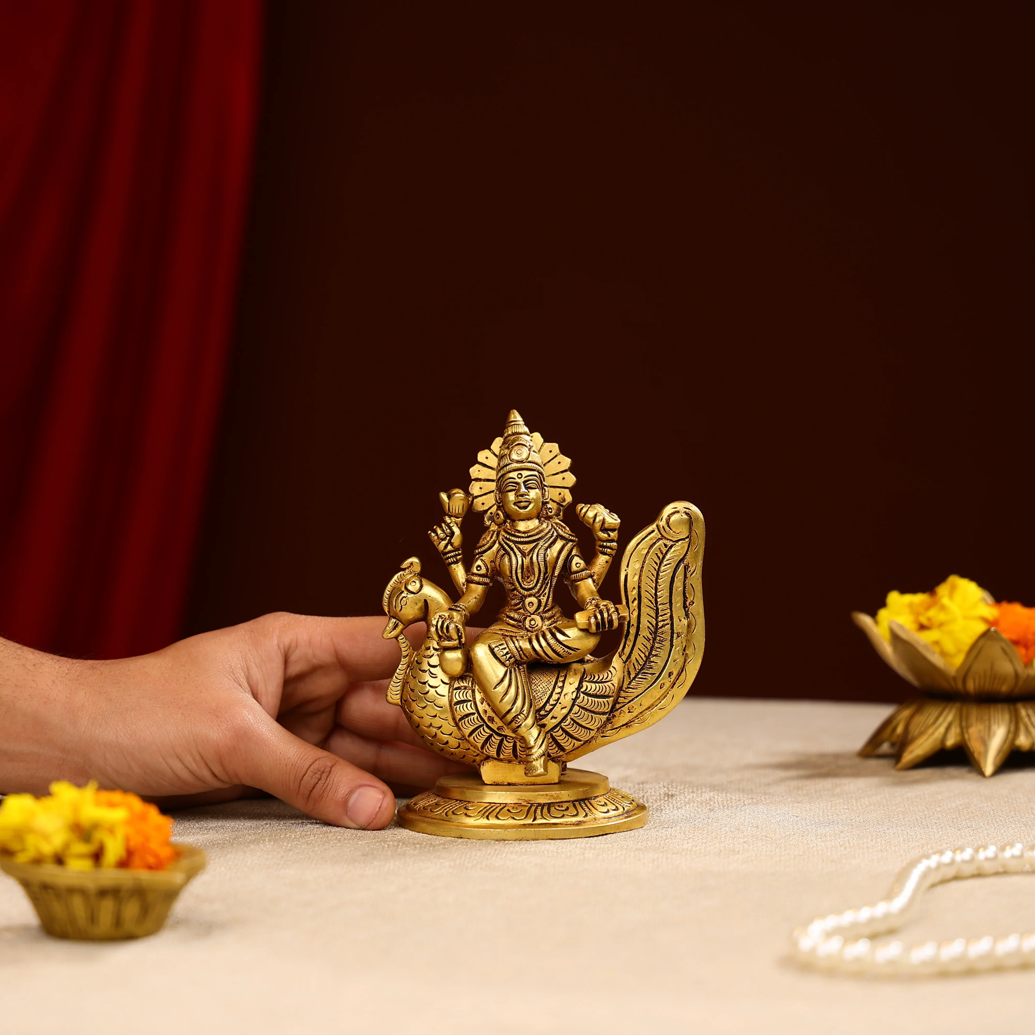 5.5" Super Fine Brass Goddess Gayatri Idol On Swan - Image 4