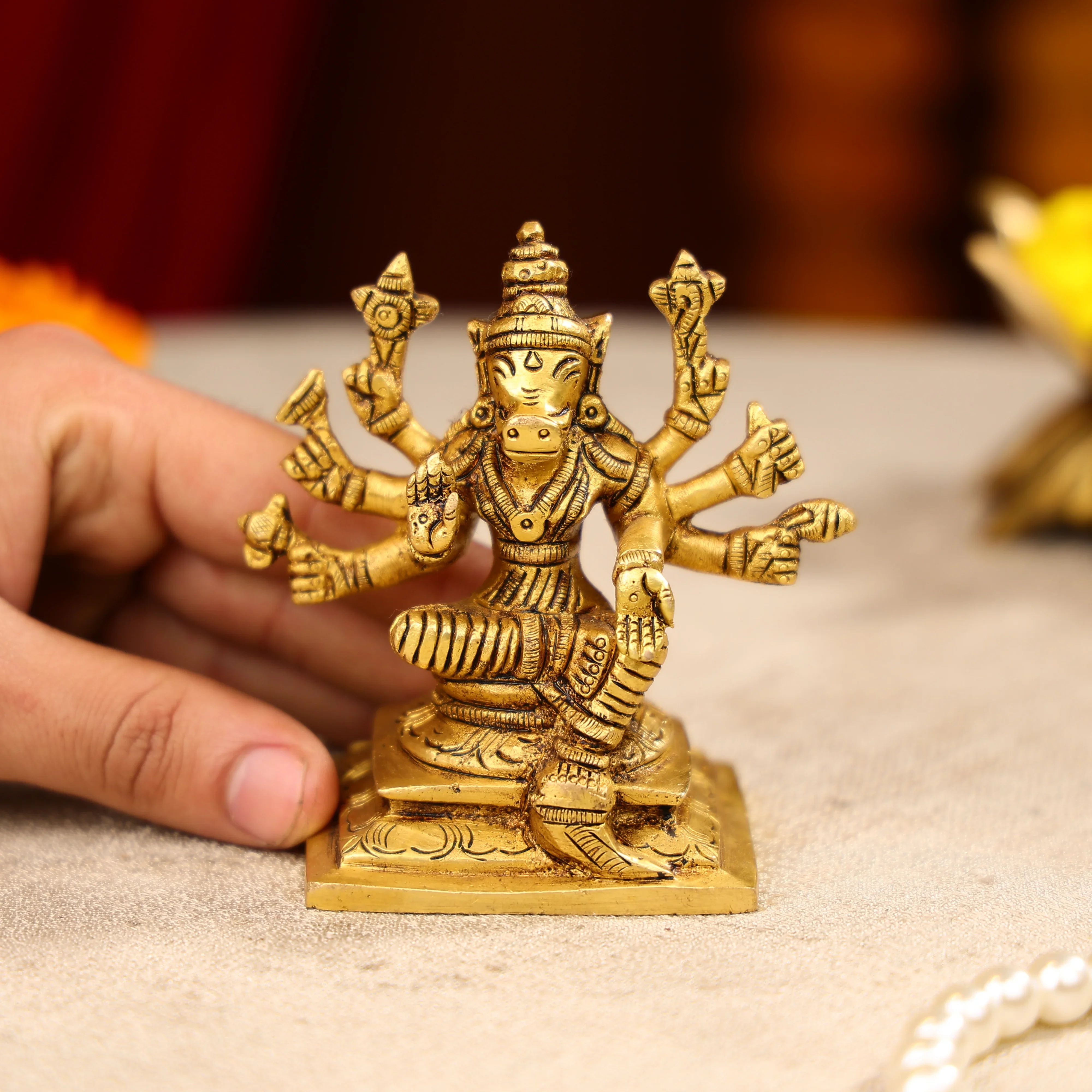 4" Super Fine Brass Goddess Varahi Amman Idol Seated On Pedestal - Image 4