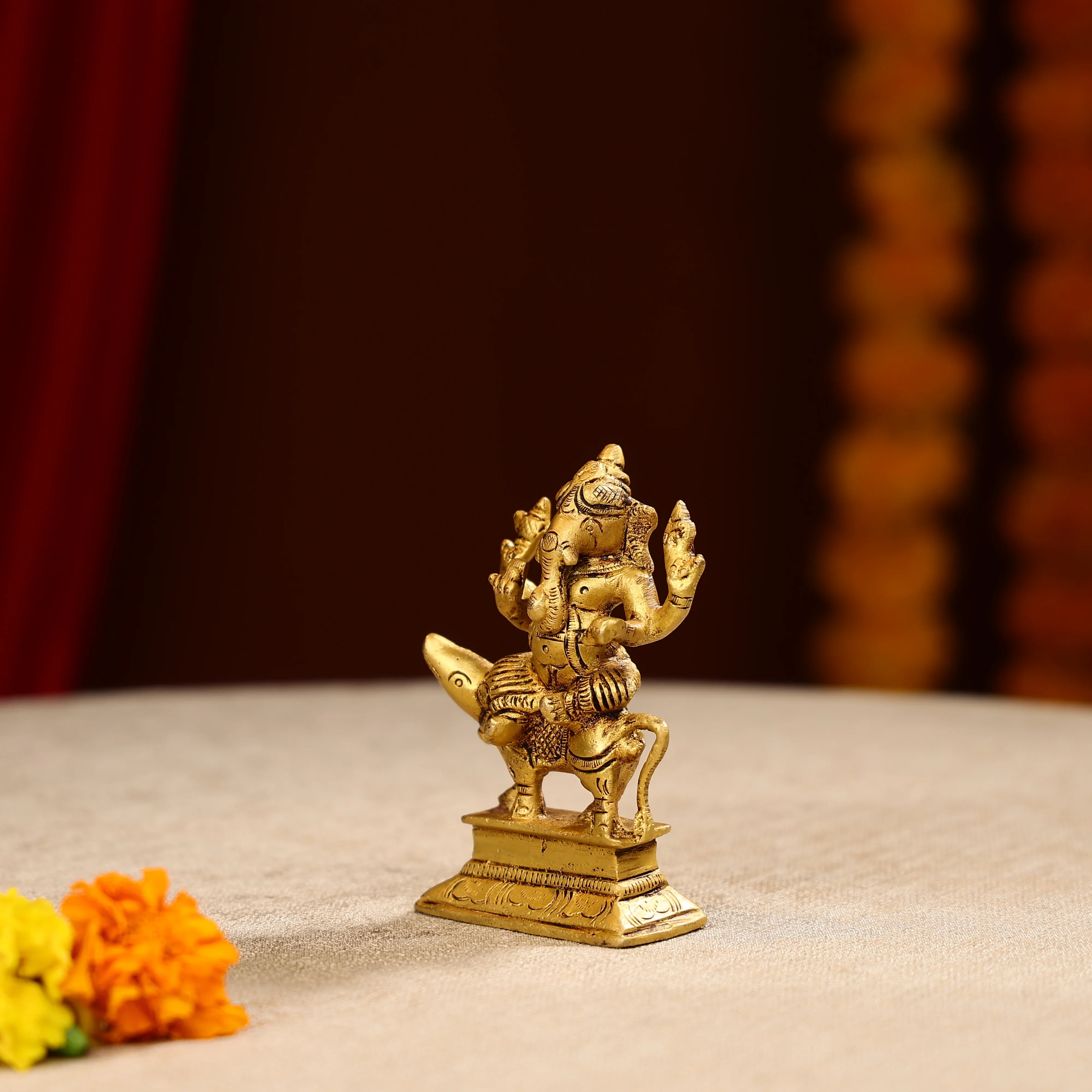 4.5" Super Fine Brass Lord Ganesha Idol Seated on Mouse - Image 2