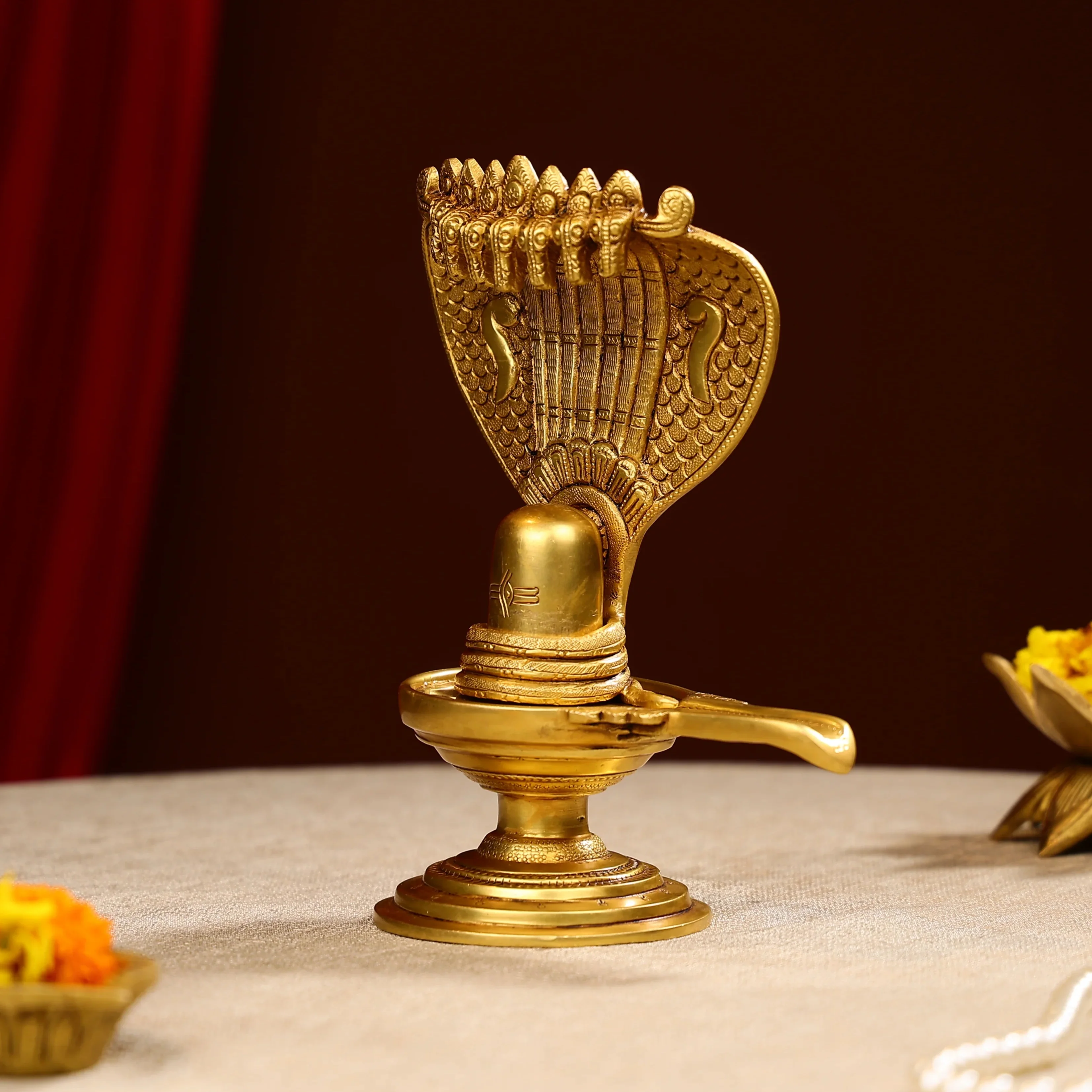 8.5" Super Fine Brass Lord Shiva Linga With Sheesh Naag Idol