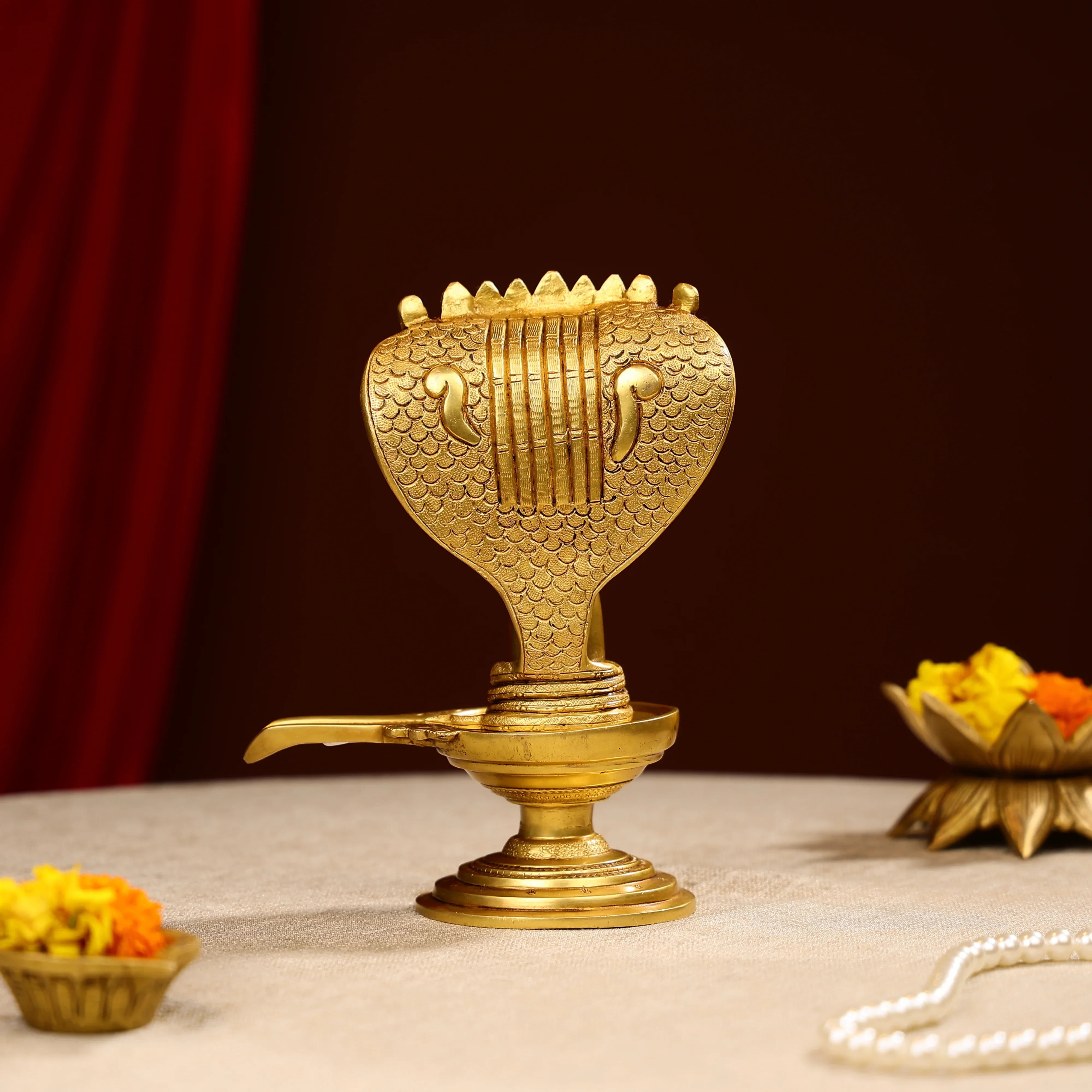 8.5" Super Fine Brass Lord Shiva Linga With Sheesh Naag Idol - Image 2