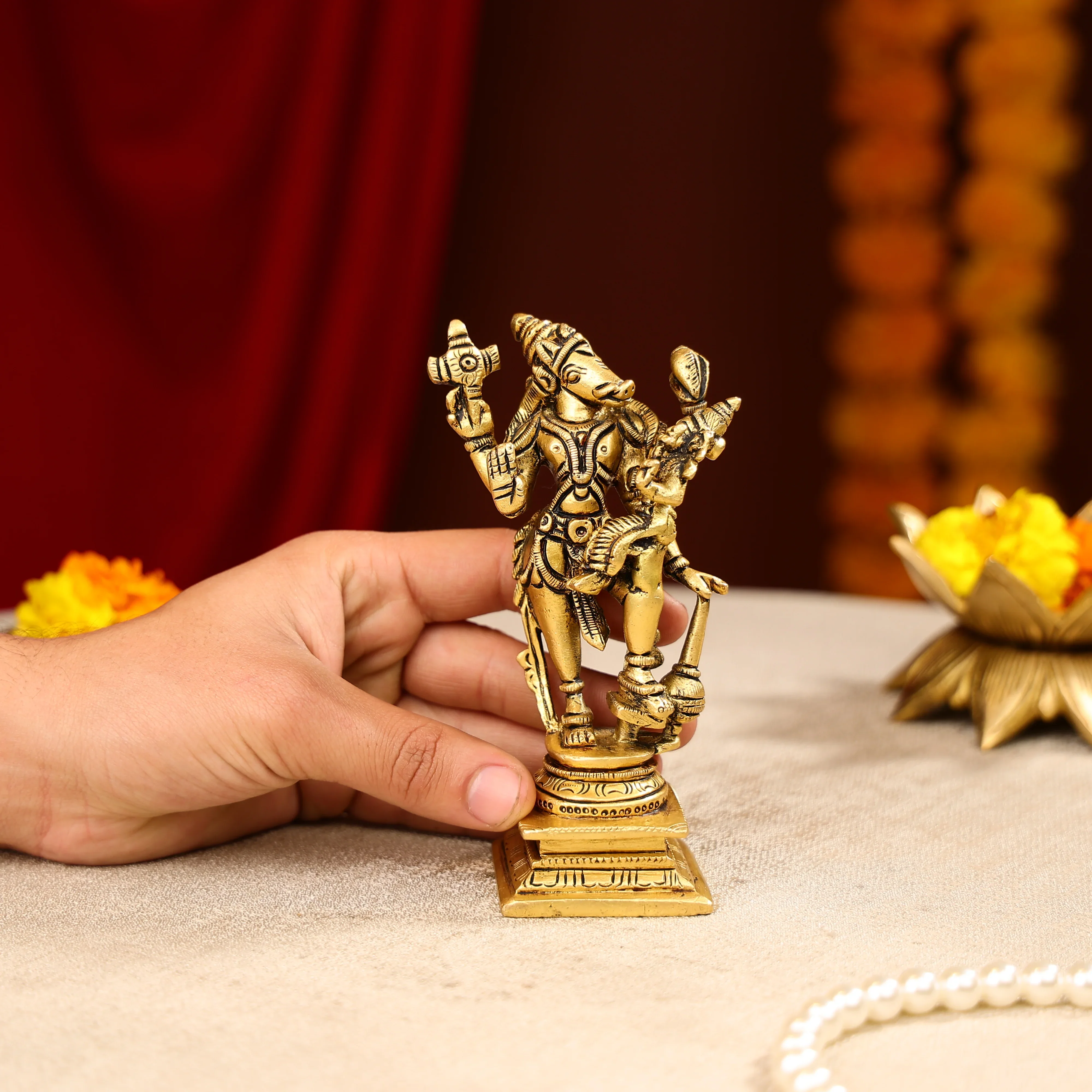 5.25" Super Fine Brass Lord Varah Swamy With Goddess Laxmi Idol - Image 3