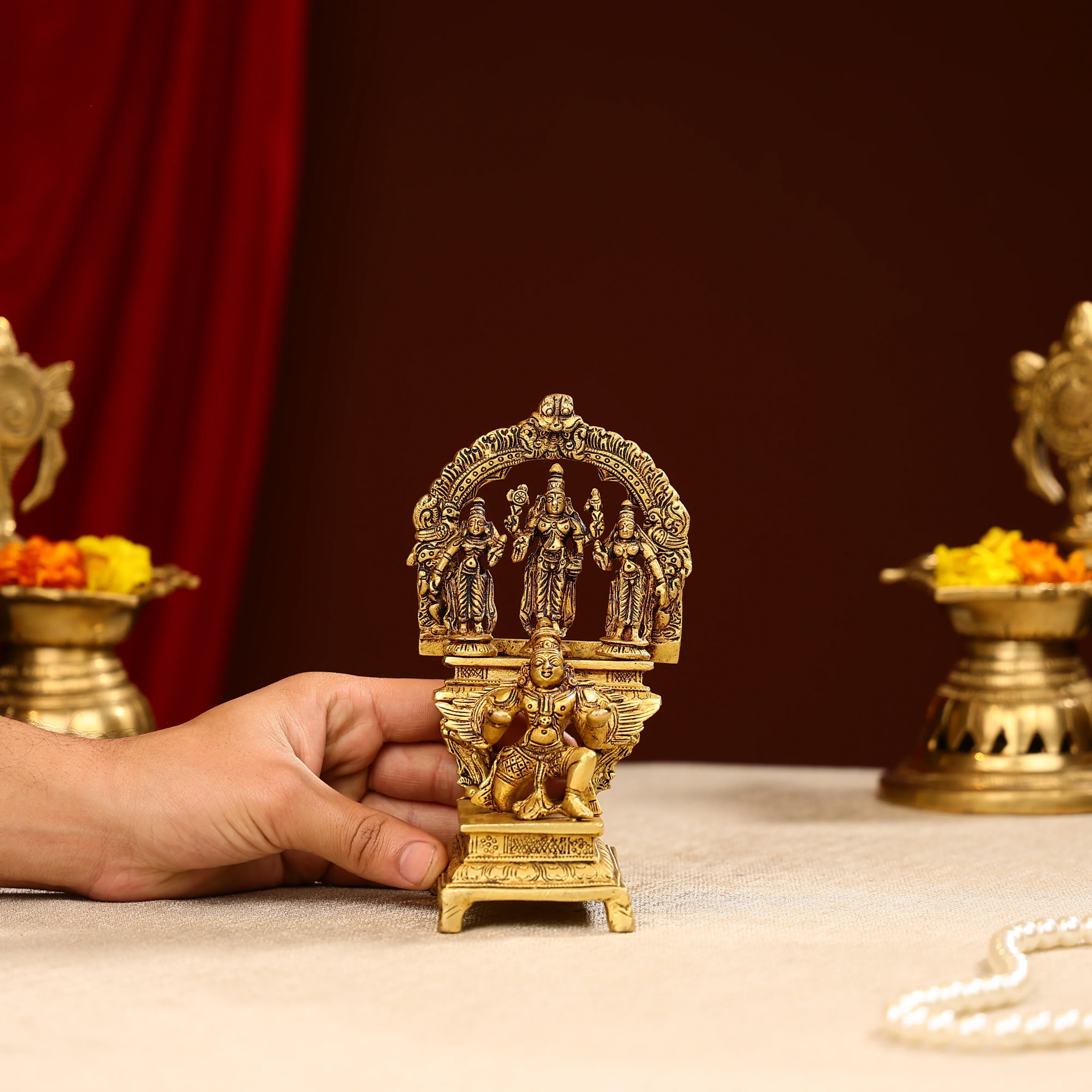 7" Super Fine Brass Shri Maha Vishnu With Sridevi Bhudevi On Garuda Bhagwan Idol - Image 4