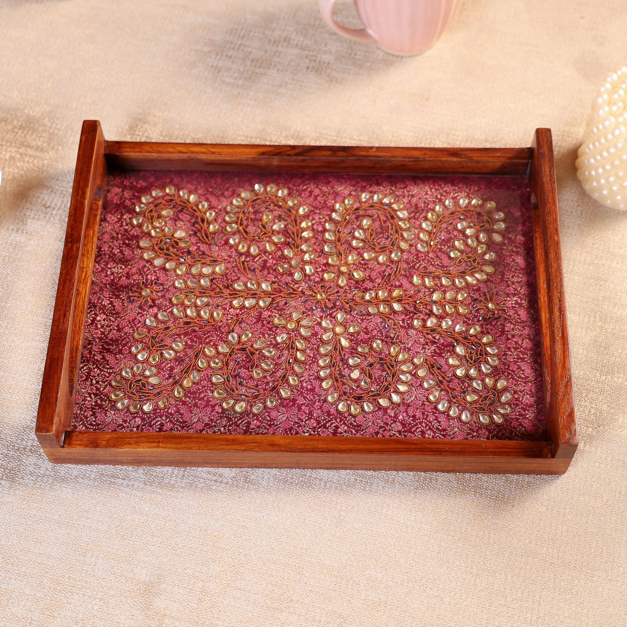 Teak Wood & Glass Framed Kundan Craft Serving Tray - Image 3