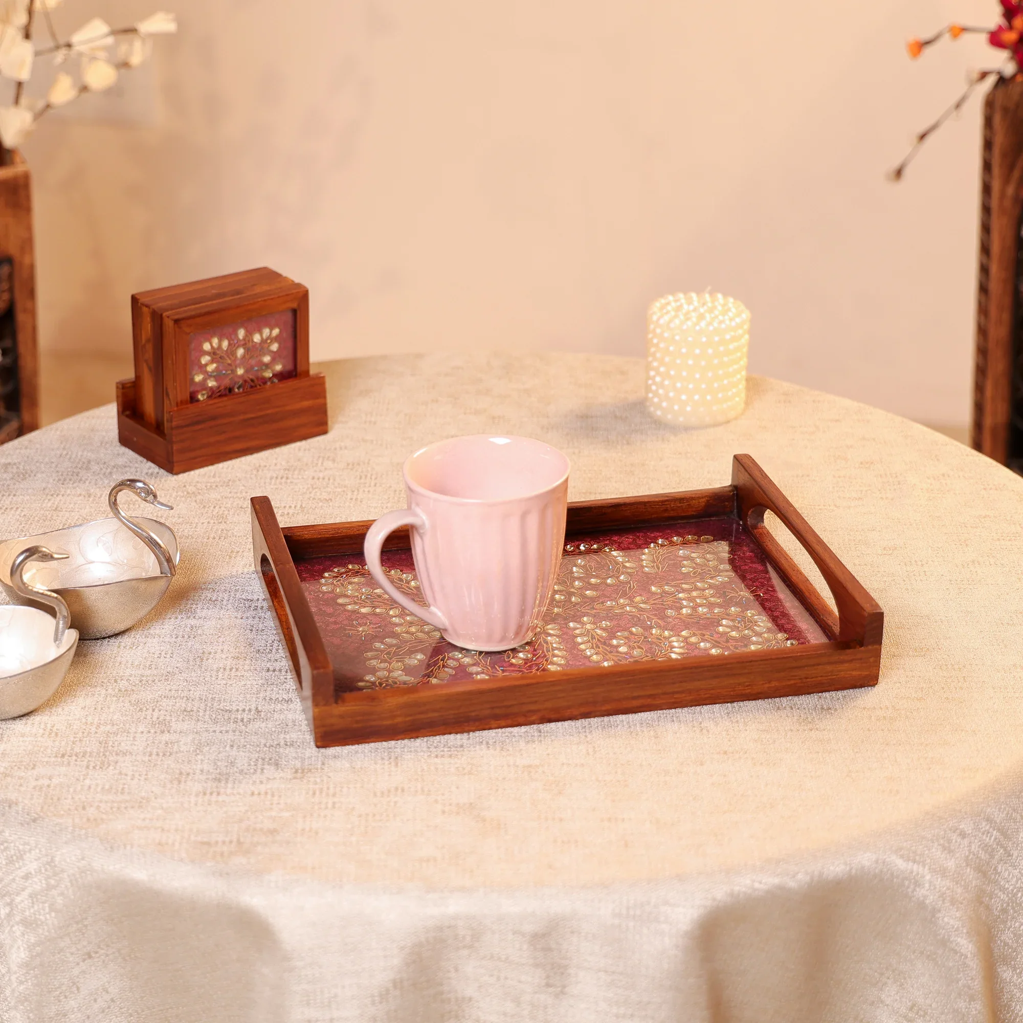 Teak Wood & Glass Framed Kundan Craft Serving Tray - Image 4