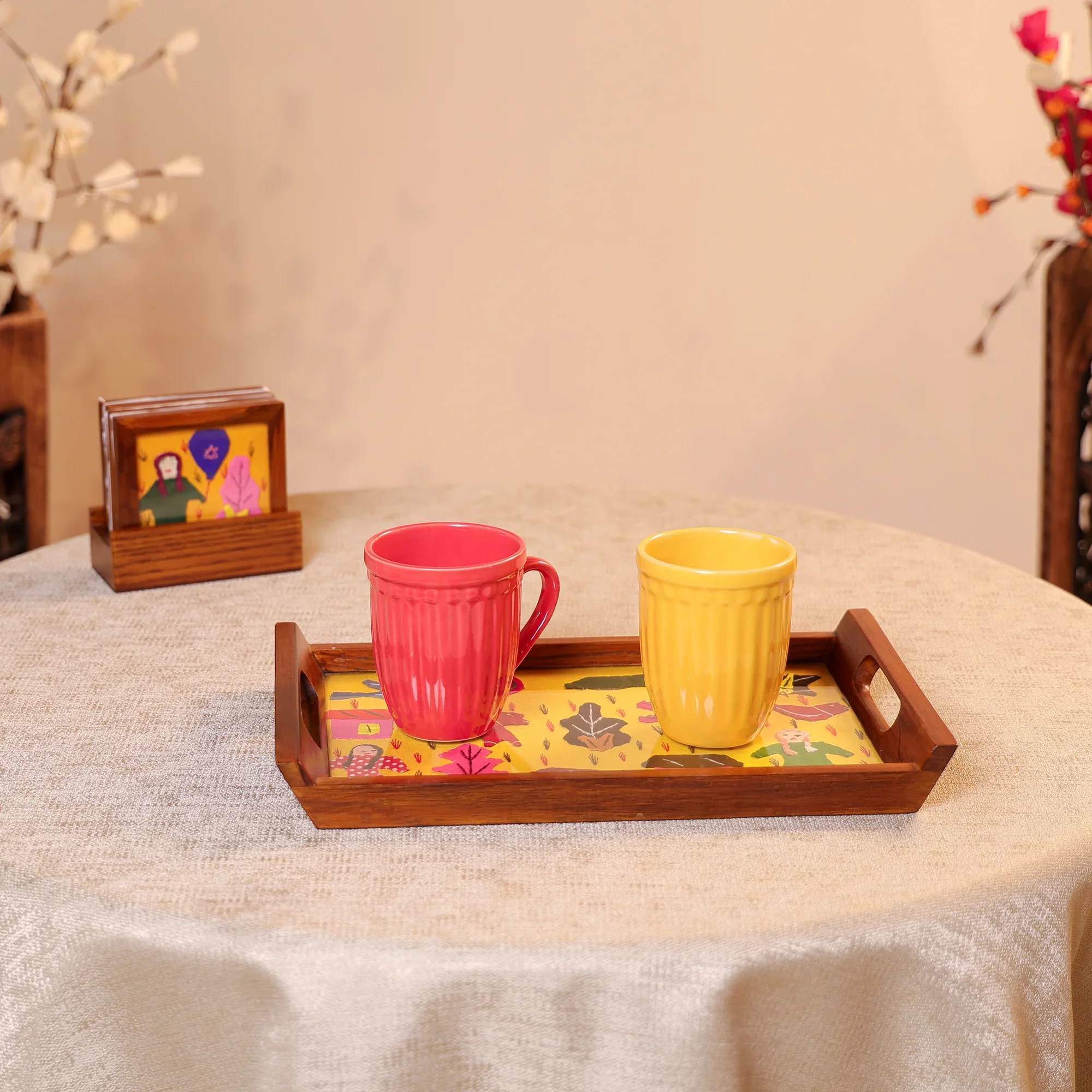 Teak Wood & Glass Framed Tribal Aplique Craft Serving Tray - Yellow - Image 4