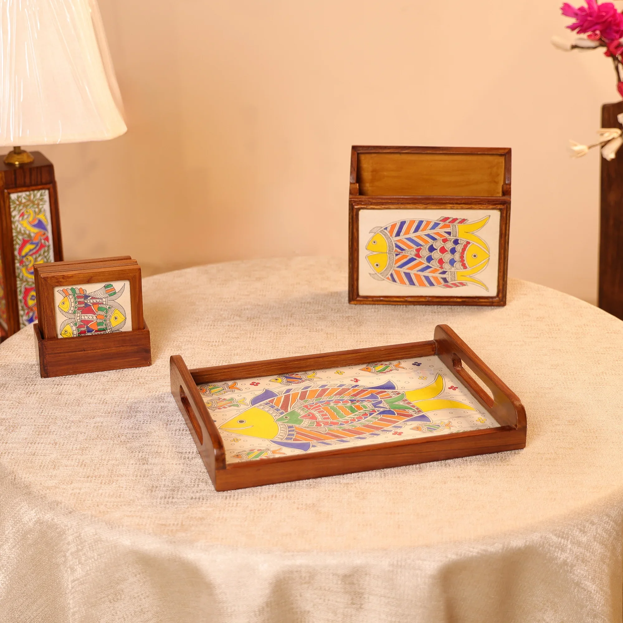 Teak Wood & Glass Framed Tribal Mithila Art Serving Tray - Image 3