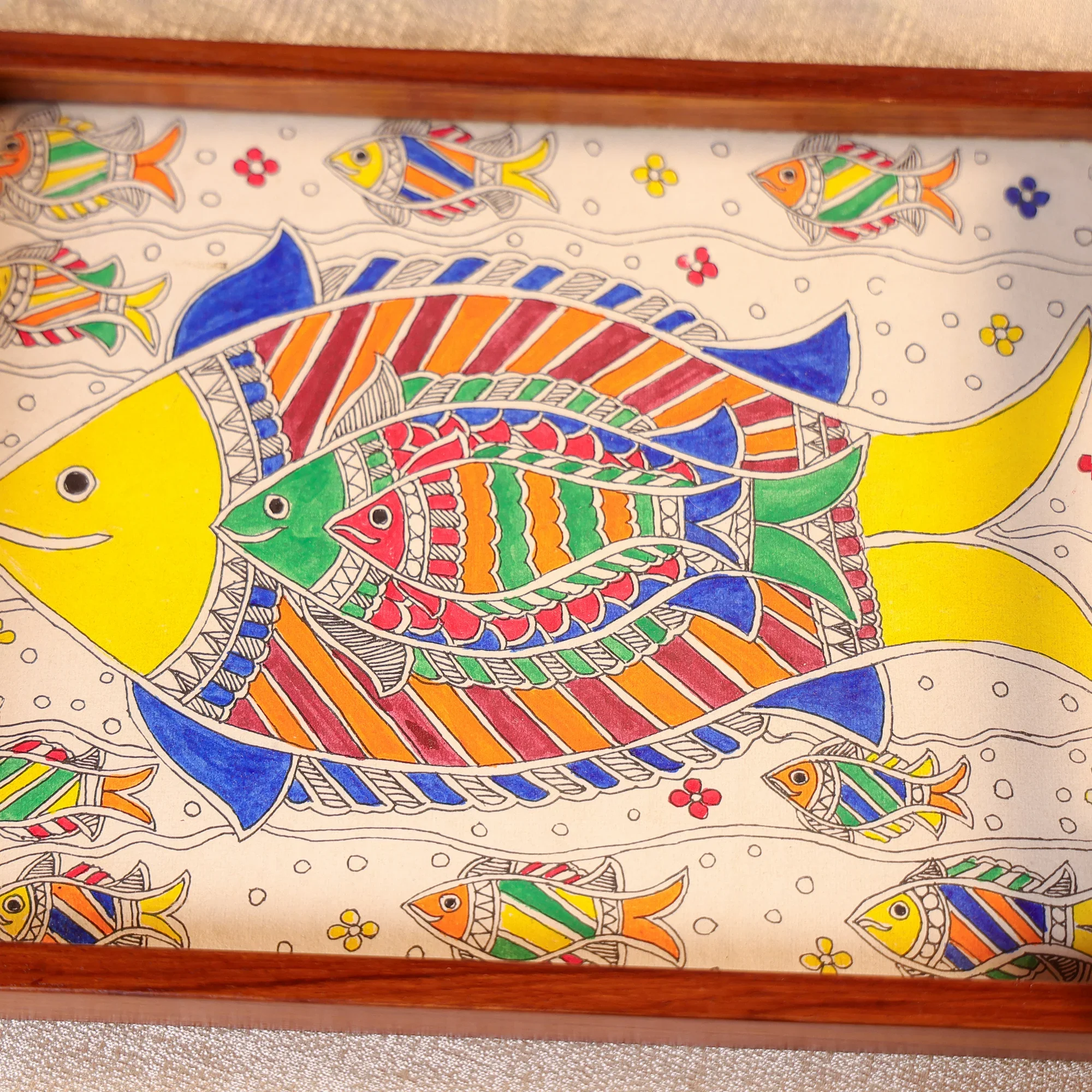 Teak Wood & Glass Framed Tribal Mithila Art Serving Tray - Image 4