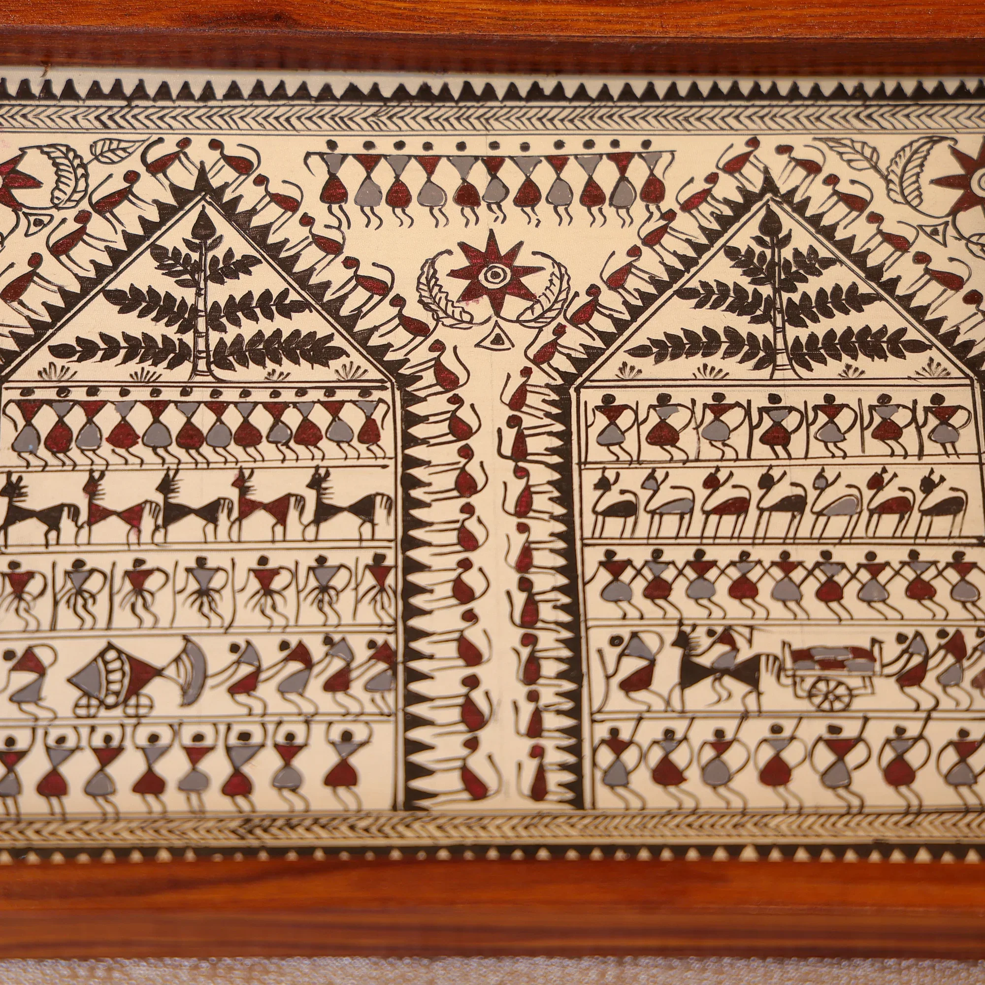 Teak Wood & Glass Framed Tribal Saura Art Serving Tray - Image 3