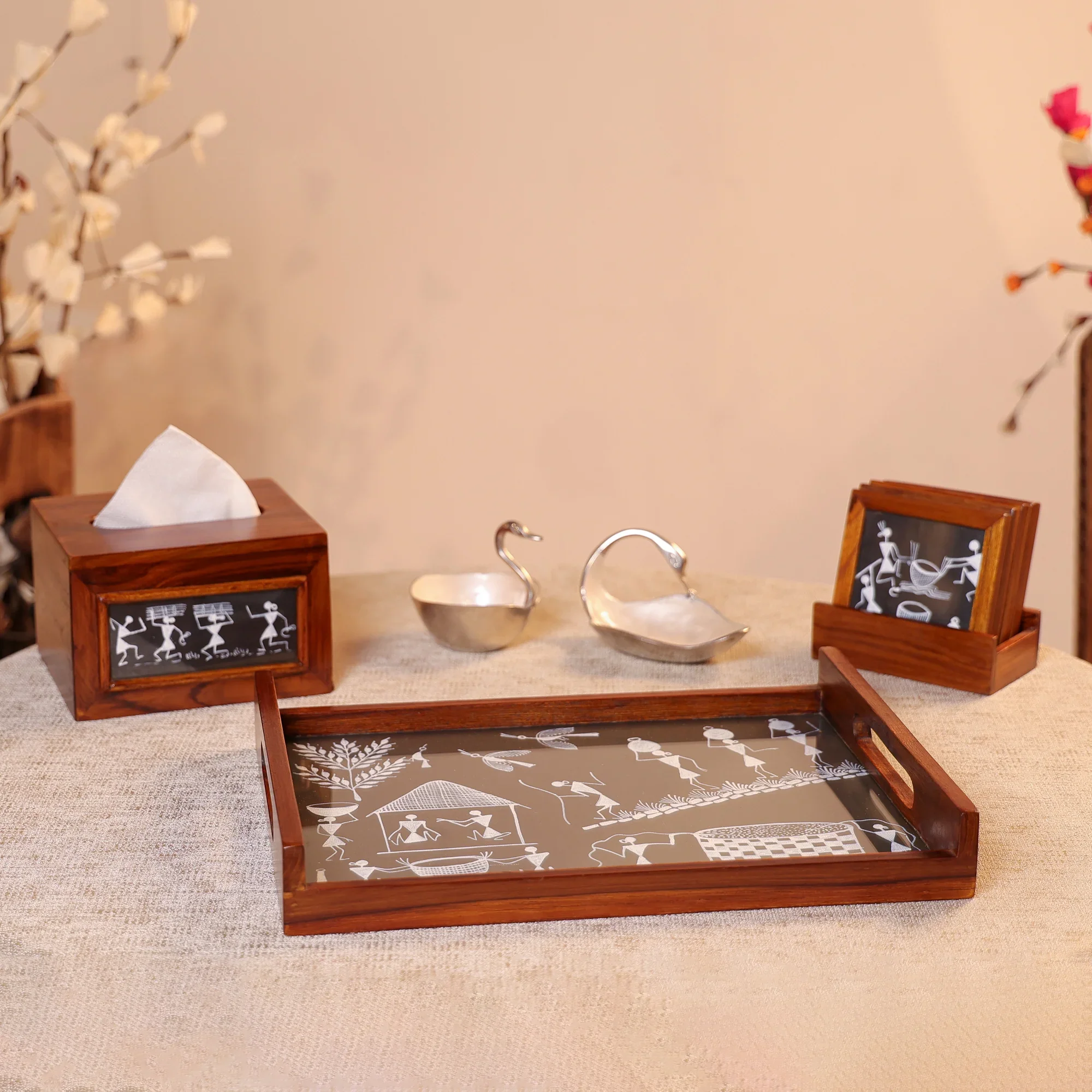 Teak Wood & Glass Framed Tribal Warli Art Serving Tray - Image 4