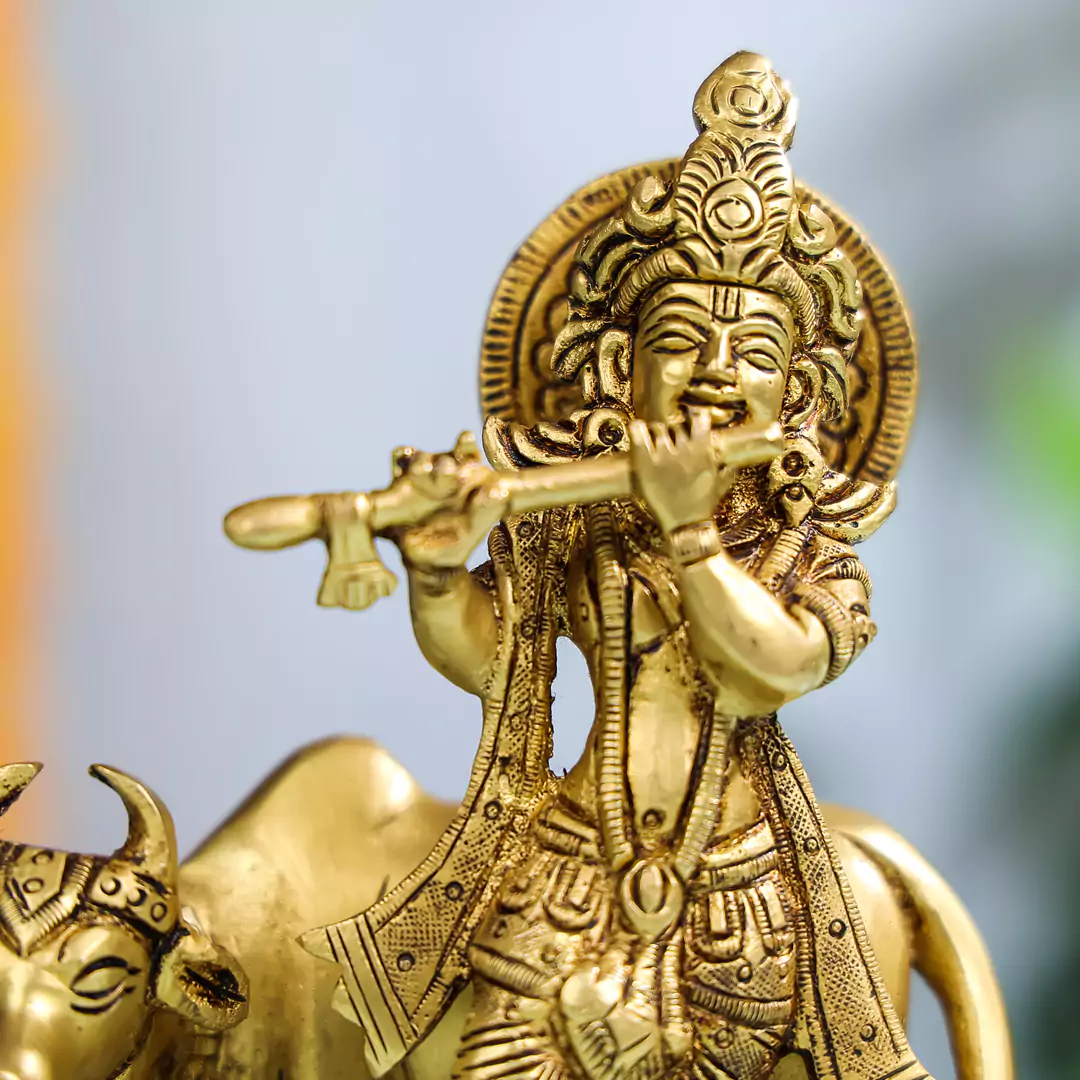 The Brass Lord Krishna With Cow And Peacock Statue - Image 5