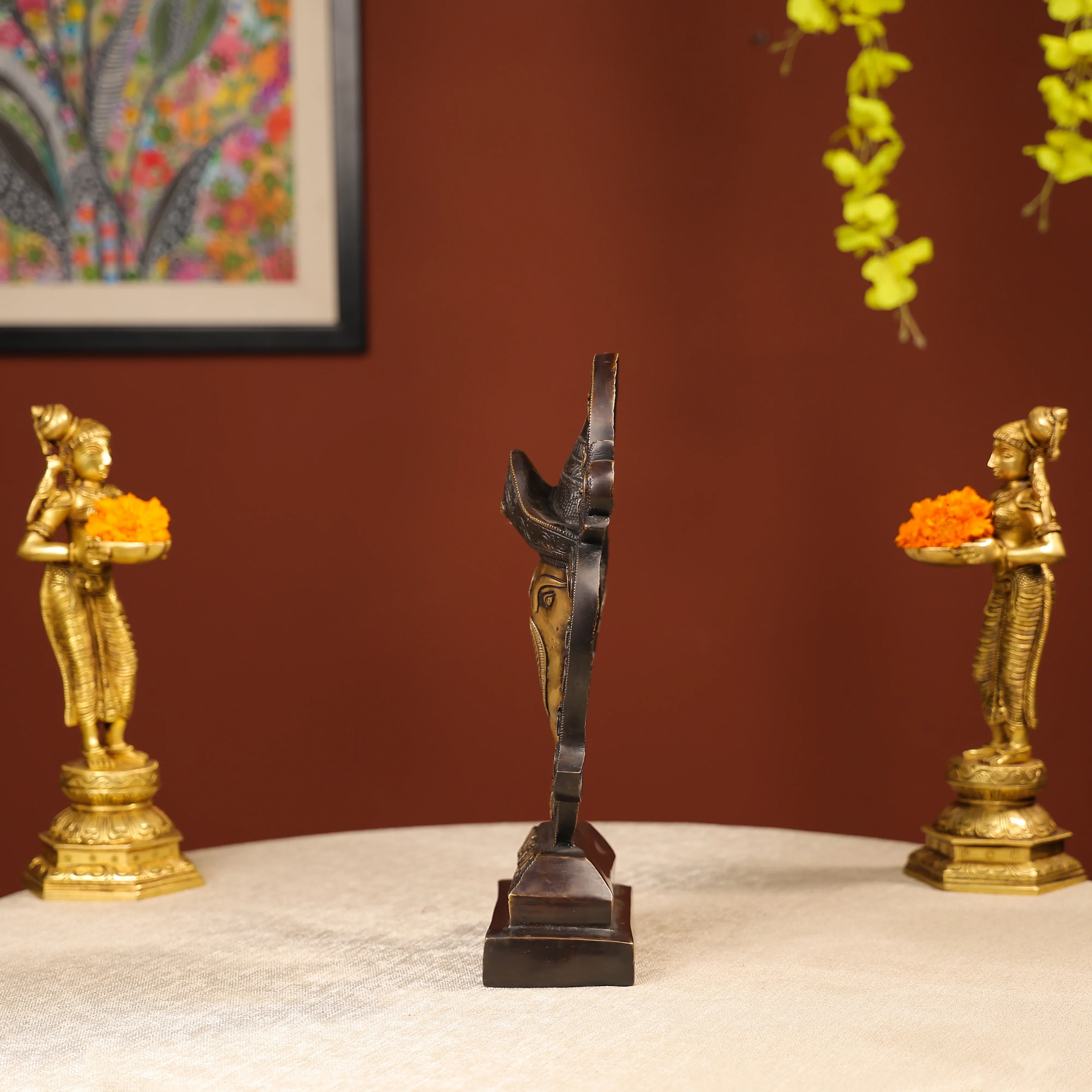 Two-Toned Brass Ganesh Head With Symbolic Swastika - Image 4