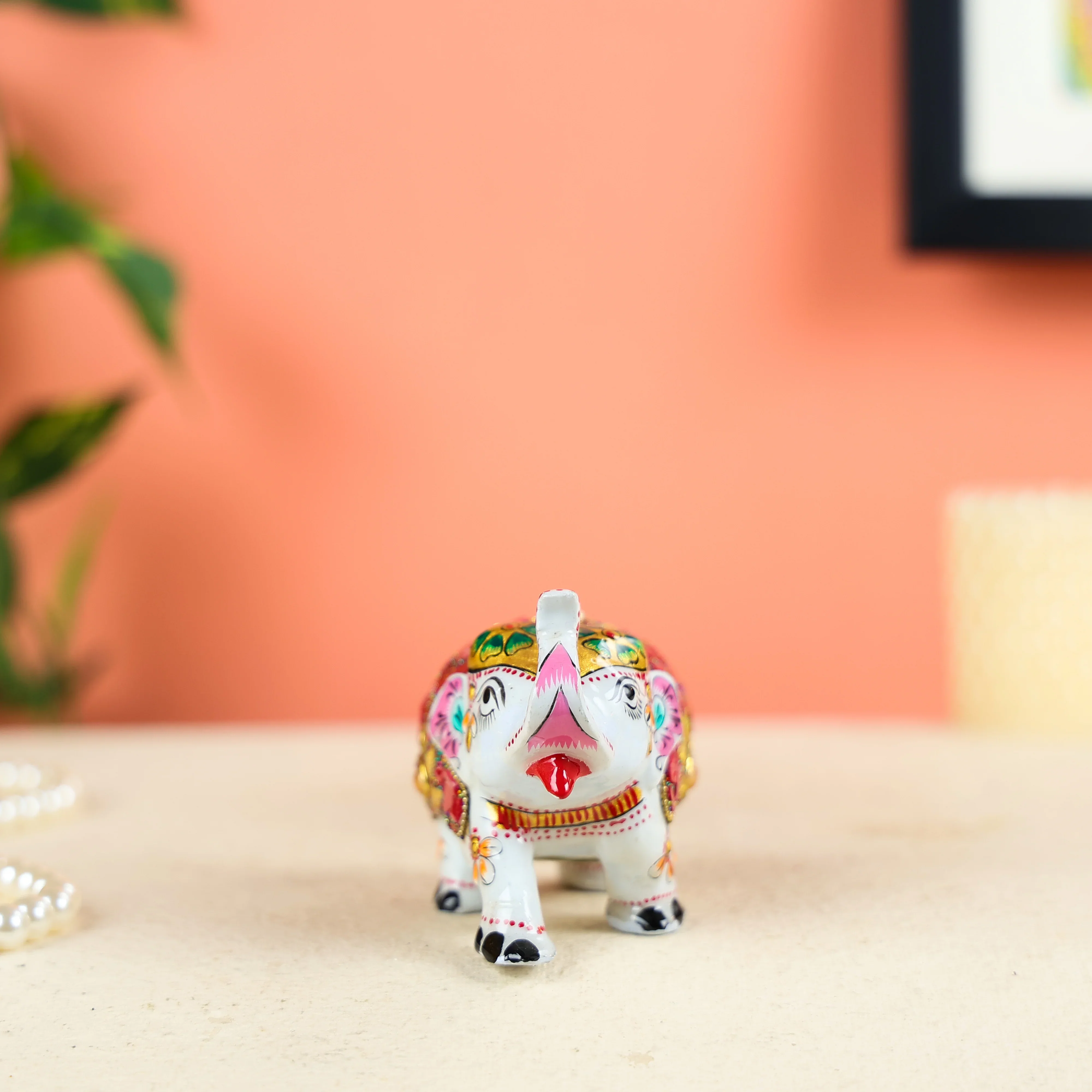 White Meenakari Worked Elephant Studded With Red Stone Pieces - Image 3