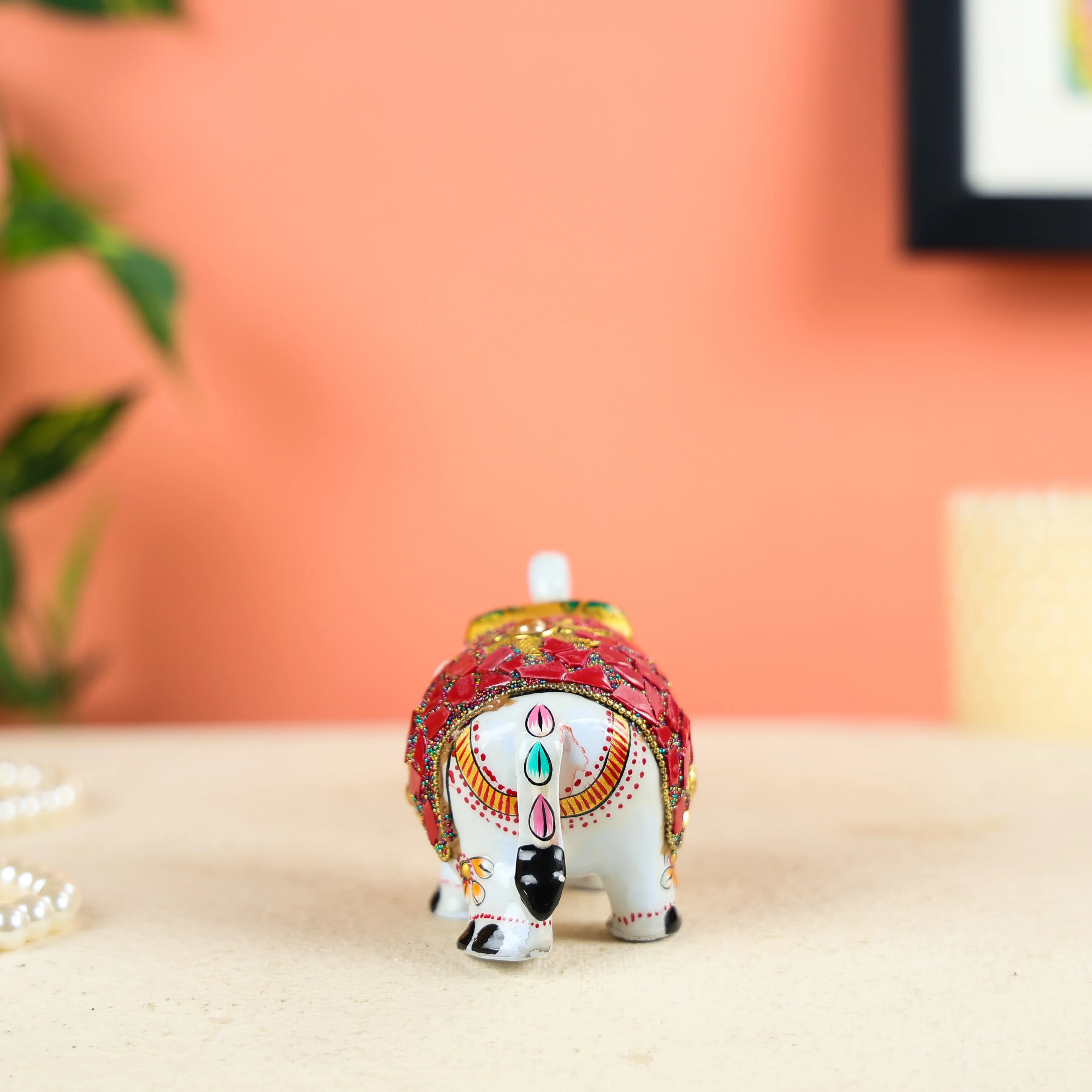 White Meenakari Worked Elephant Studded With Red Stone Pieces - Image 5