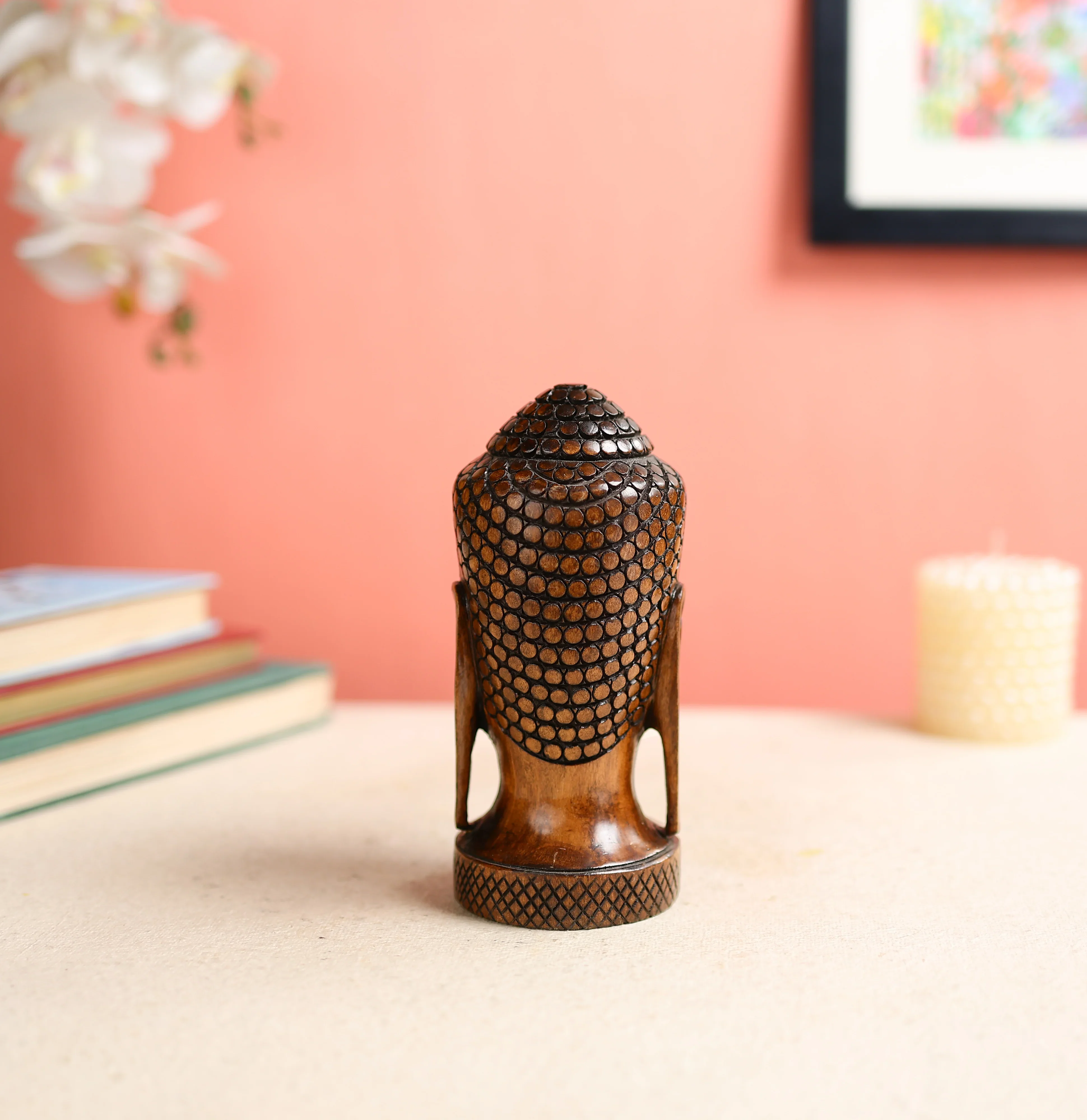 Wooden Carved Buddha Head Sculpture - Image 3