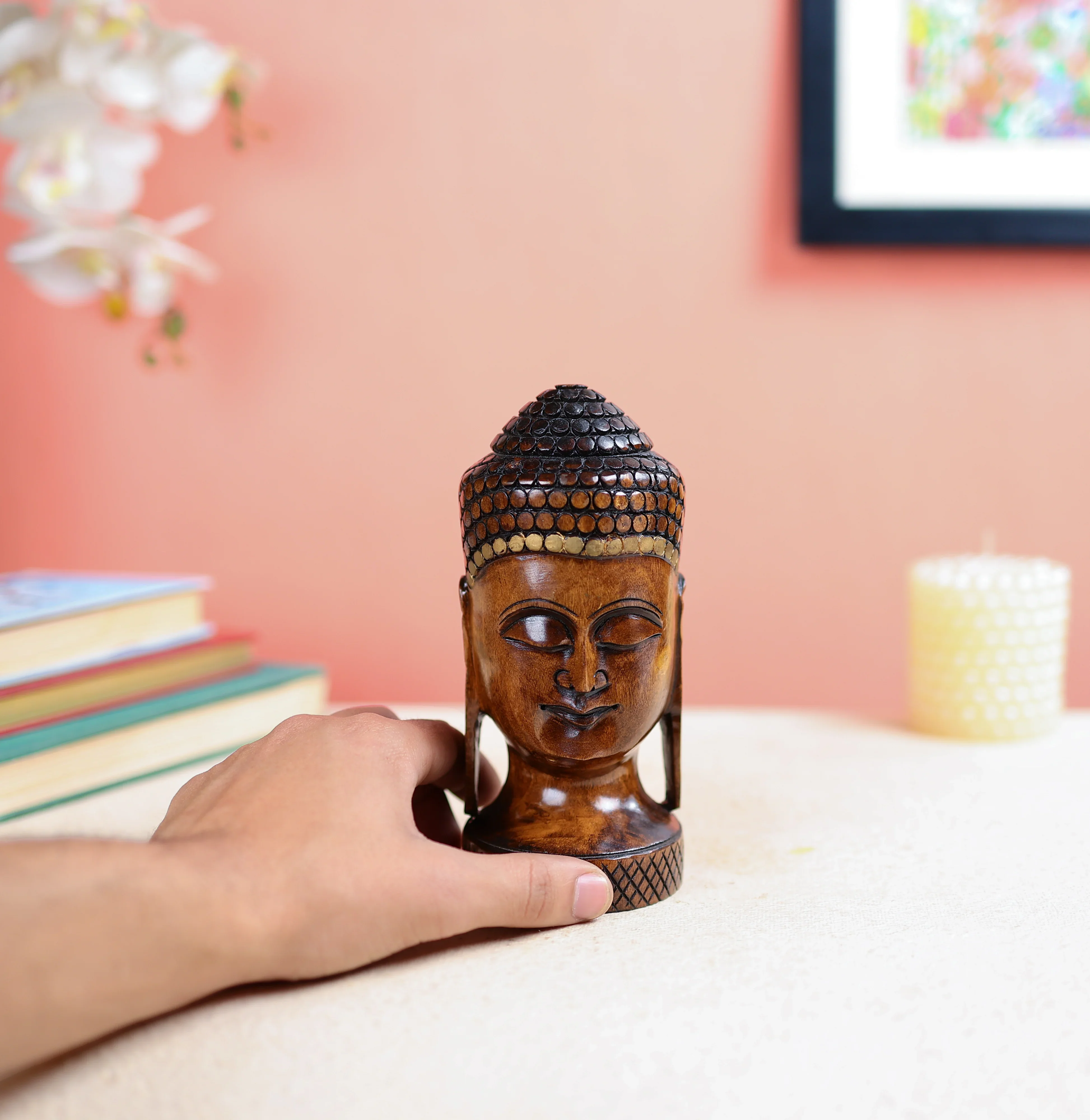 Wooden Carved Buddha Head Sculpture - Image 4