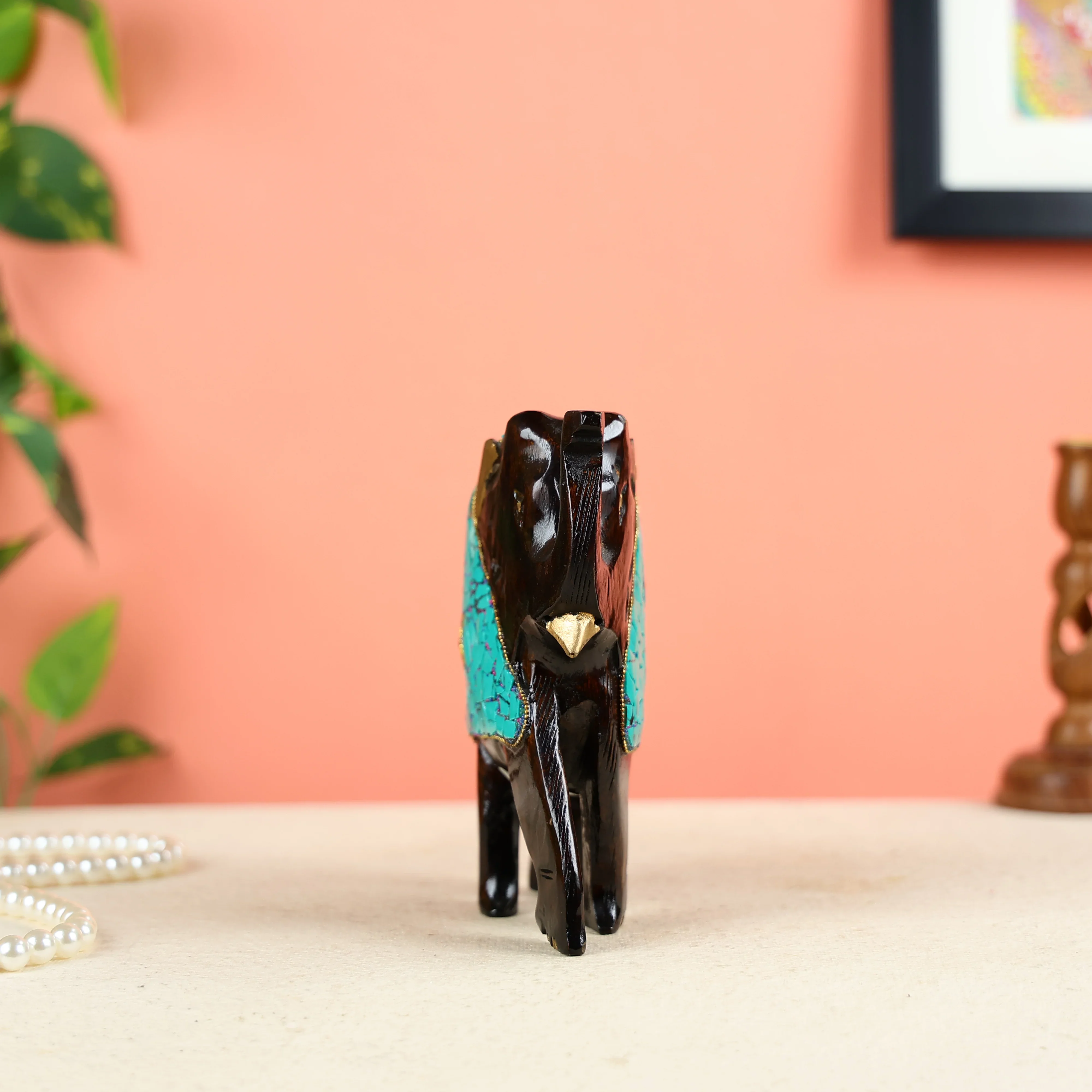 Wooden Elephant Statue With Turquoise Stone Finish - Image 3