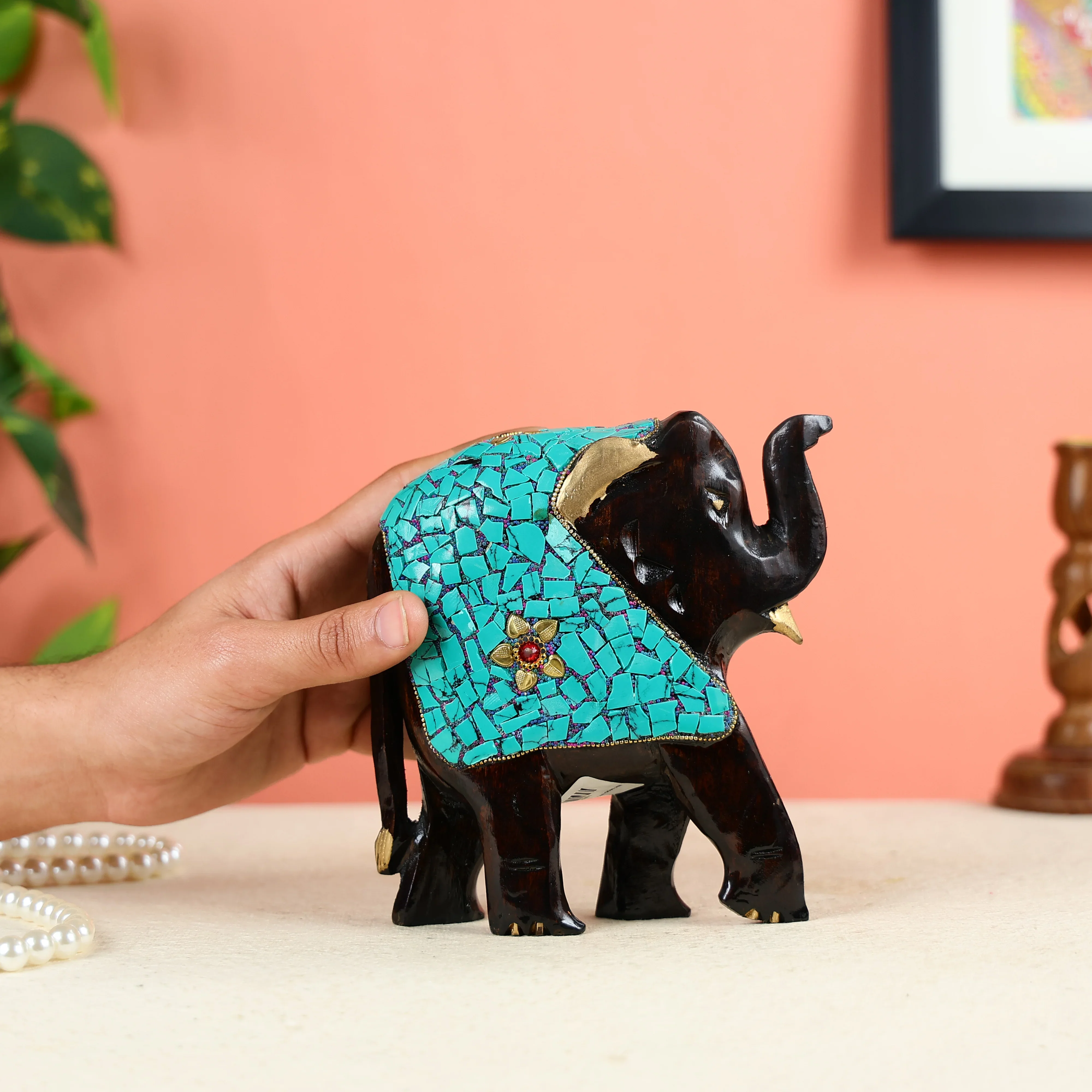 Wooden Elephant Statue With Turquoise Stone Finish - Image 4