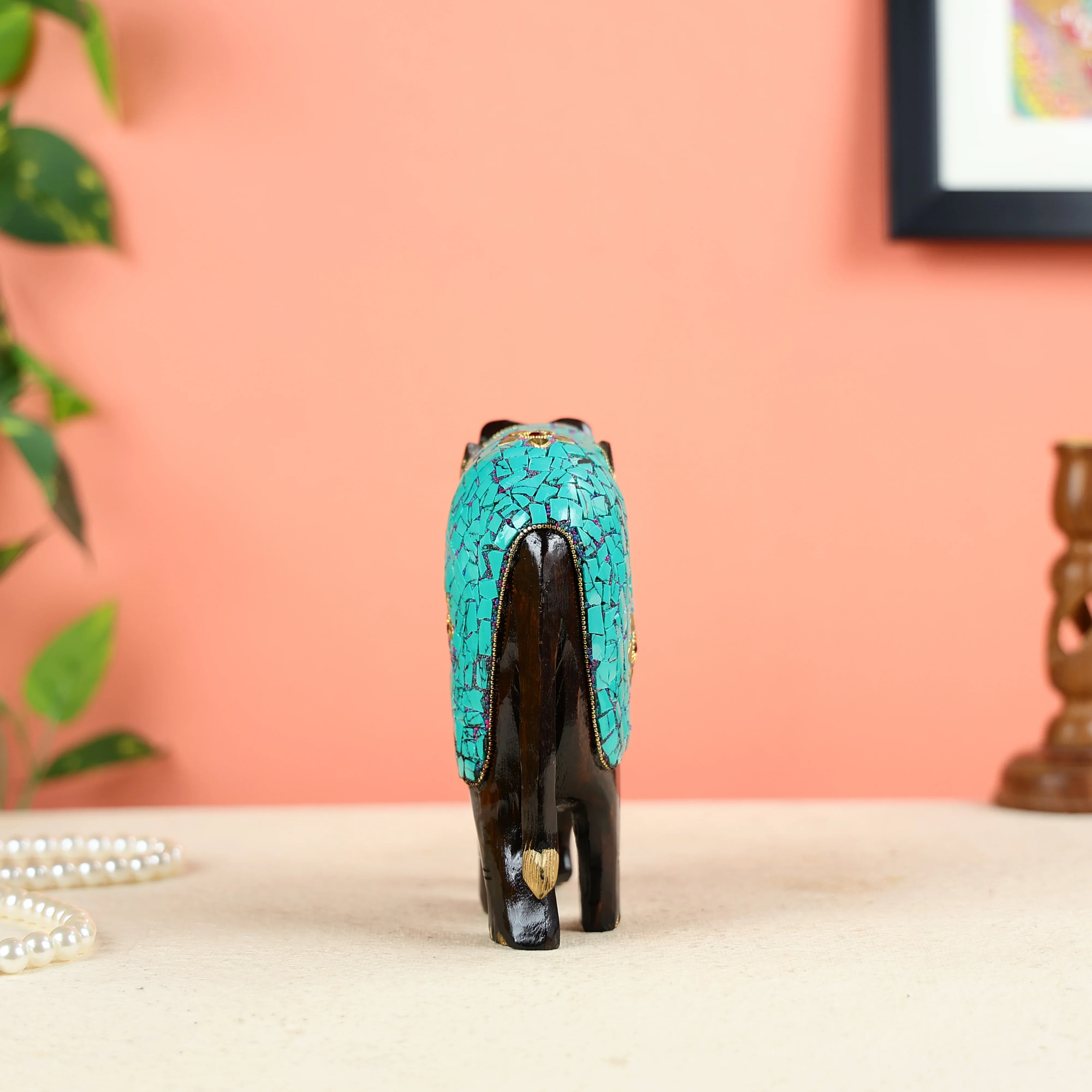Wooden Elephant Statue With Turquoise Stone Finish - Image 5
