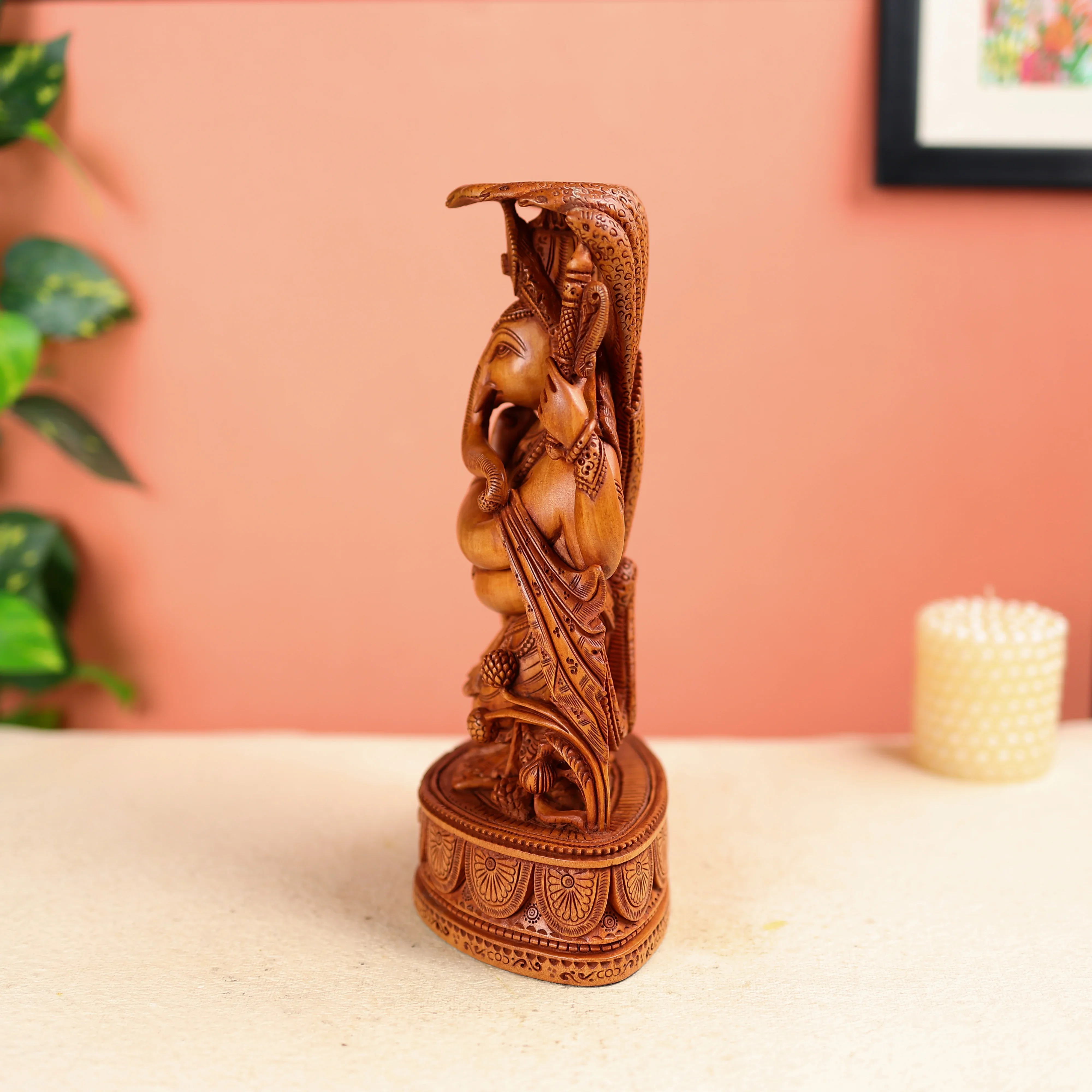 11" Kadam Wood Carved Lord Gnesha Fluting under Seesh Naag - Image 3