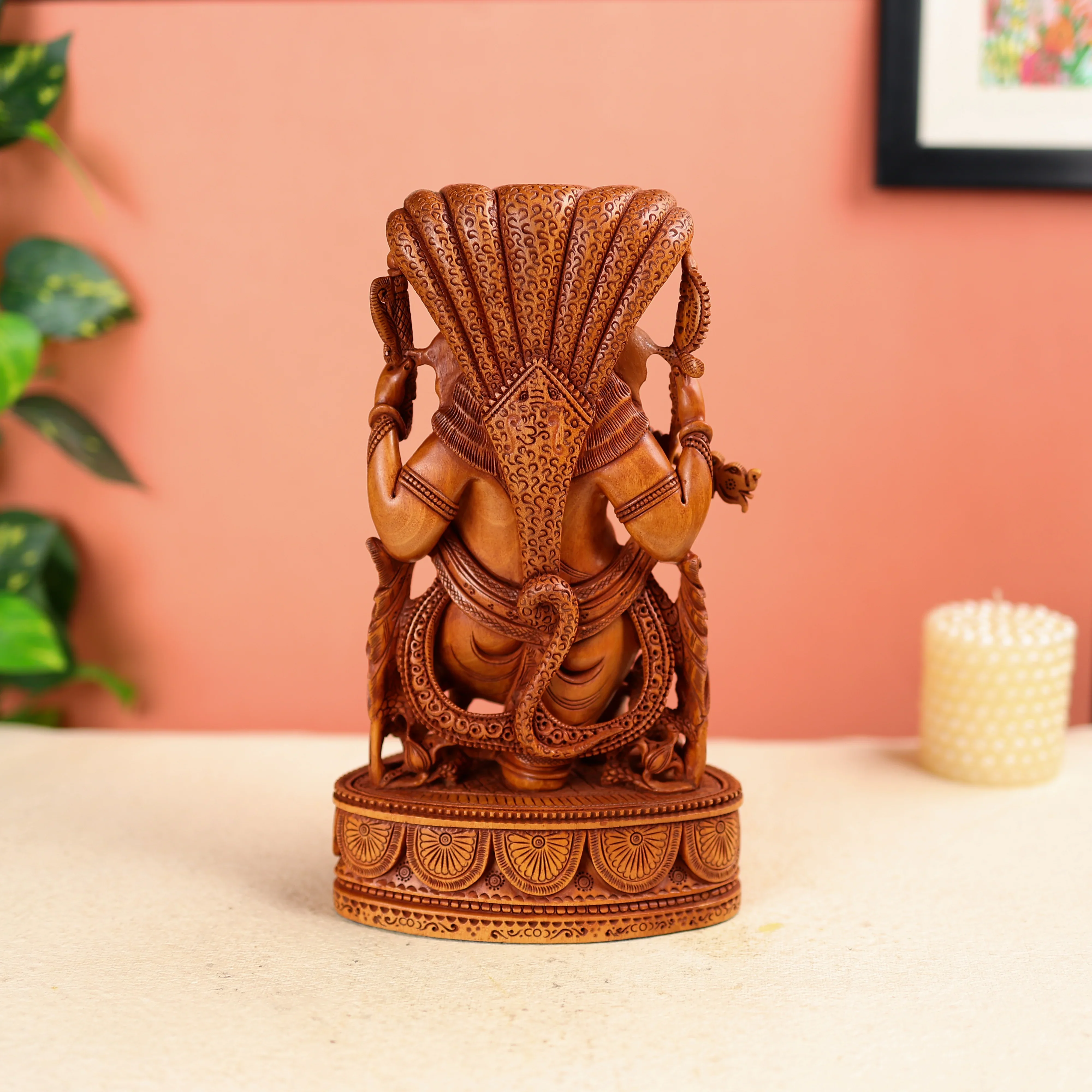 11" Kadam Wood Carved Lord Gnesha Fluting under Seesh Naag - Image 4