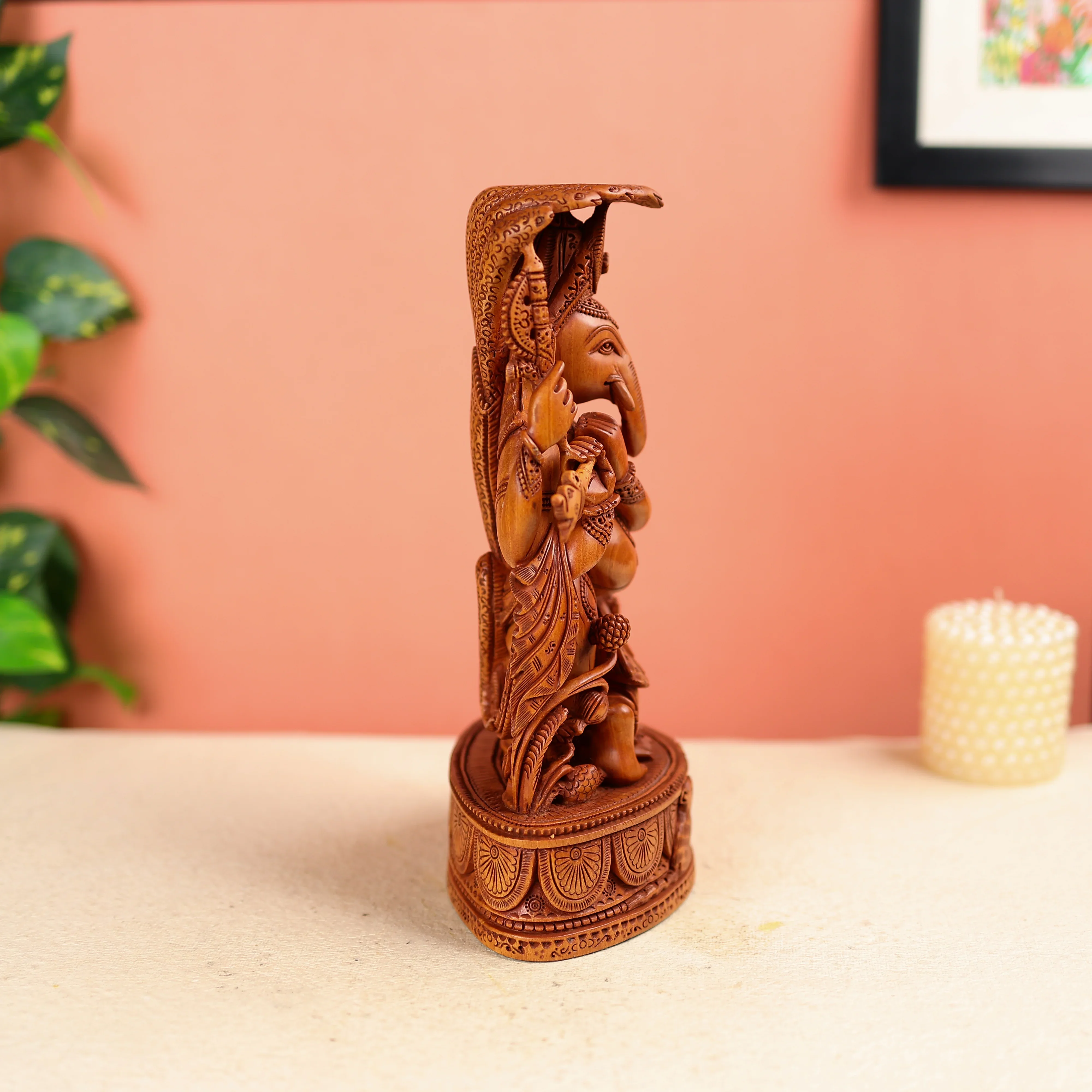 11" Kadam Wood Carved Lord Gnesha Fluting under Seesh Naag - Image 5