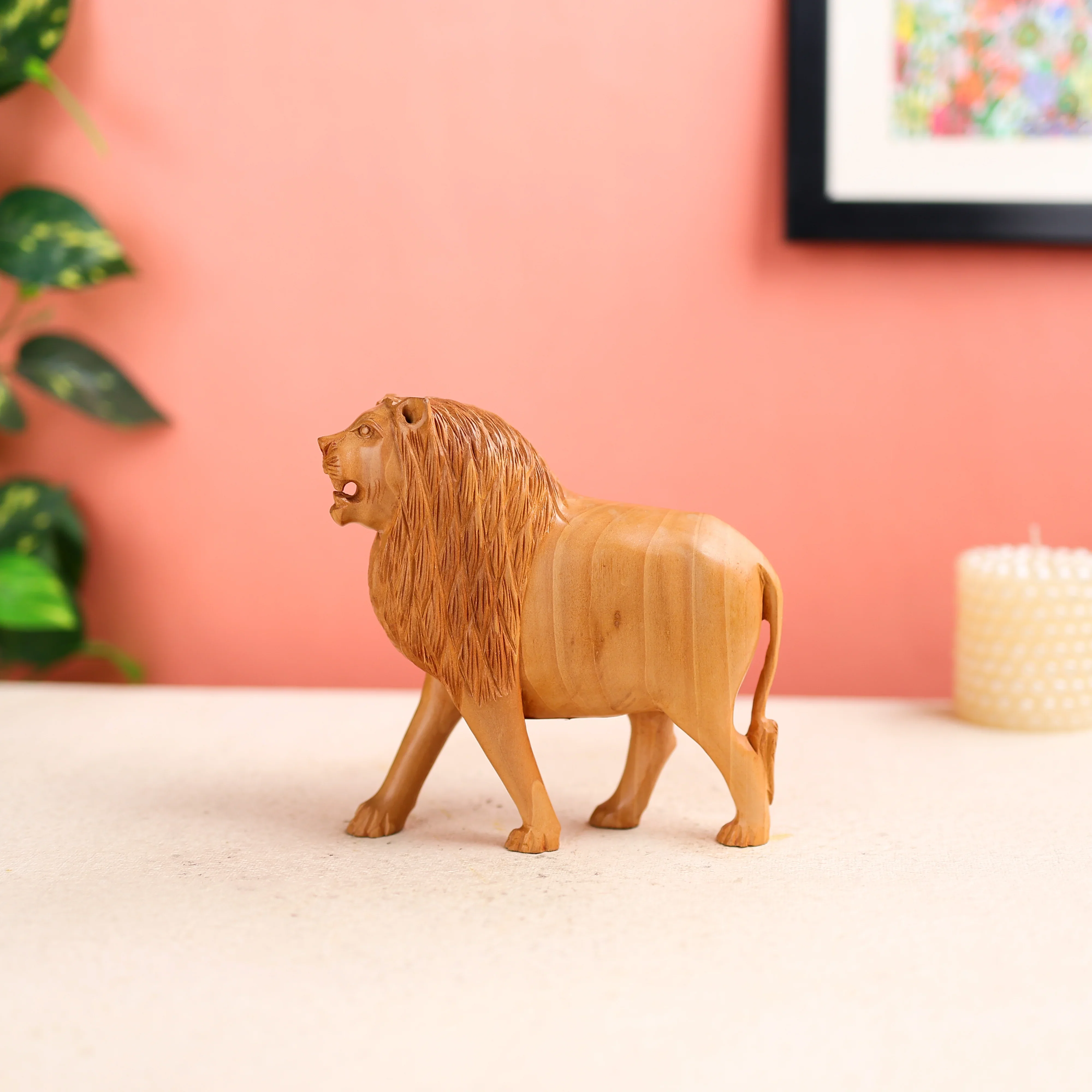 6" Kadam Wood Carved Lion Table Table Decor