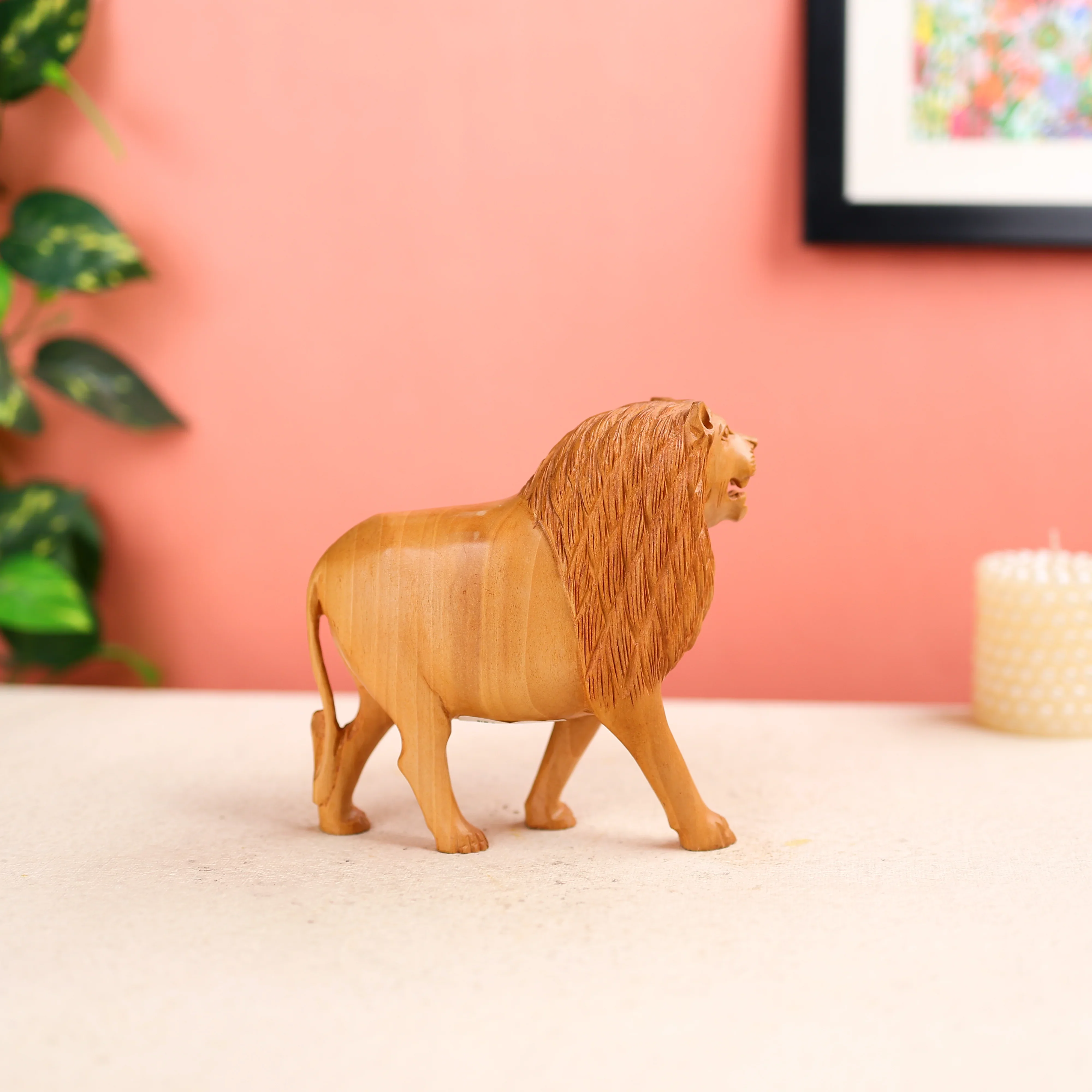 6" Kadam Wood Carved Lion Table Table Decor - Image 4
