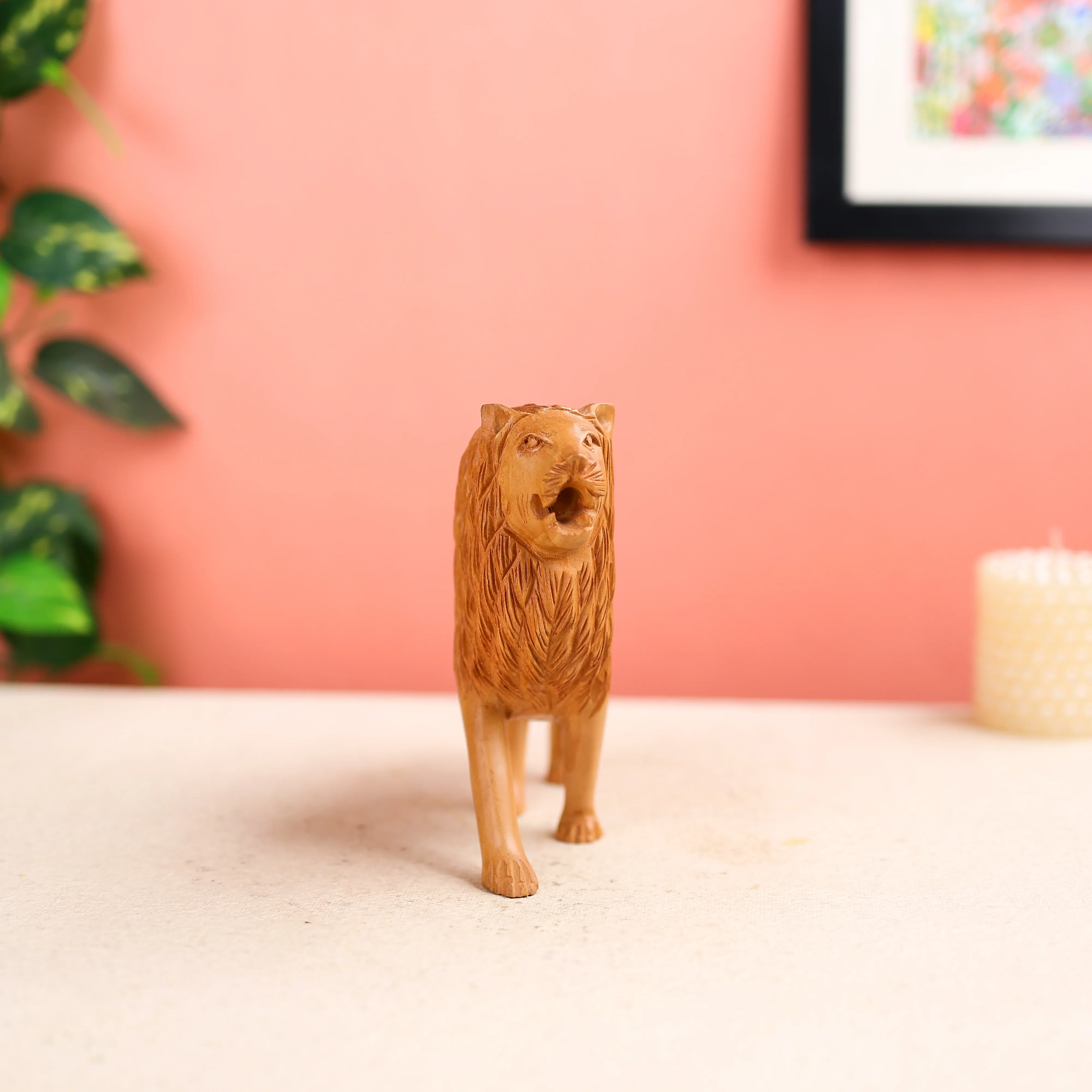 6" Kadam Wood Carved Lion Table Table Decor - Image 5