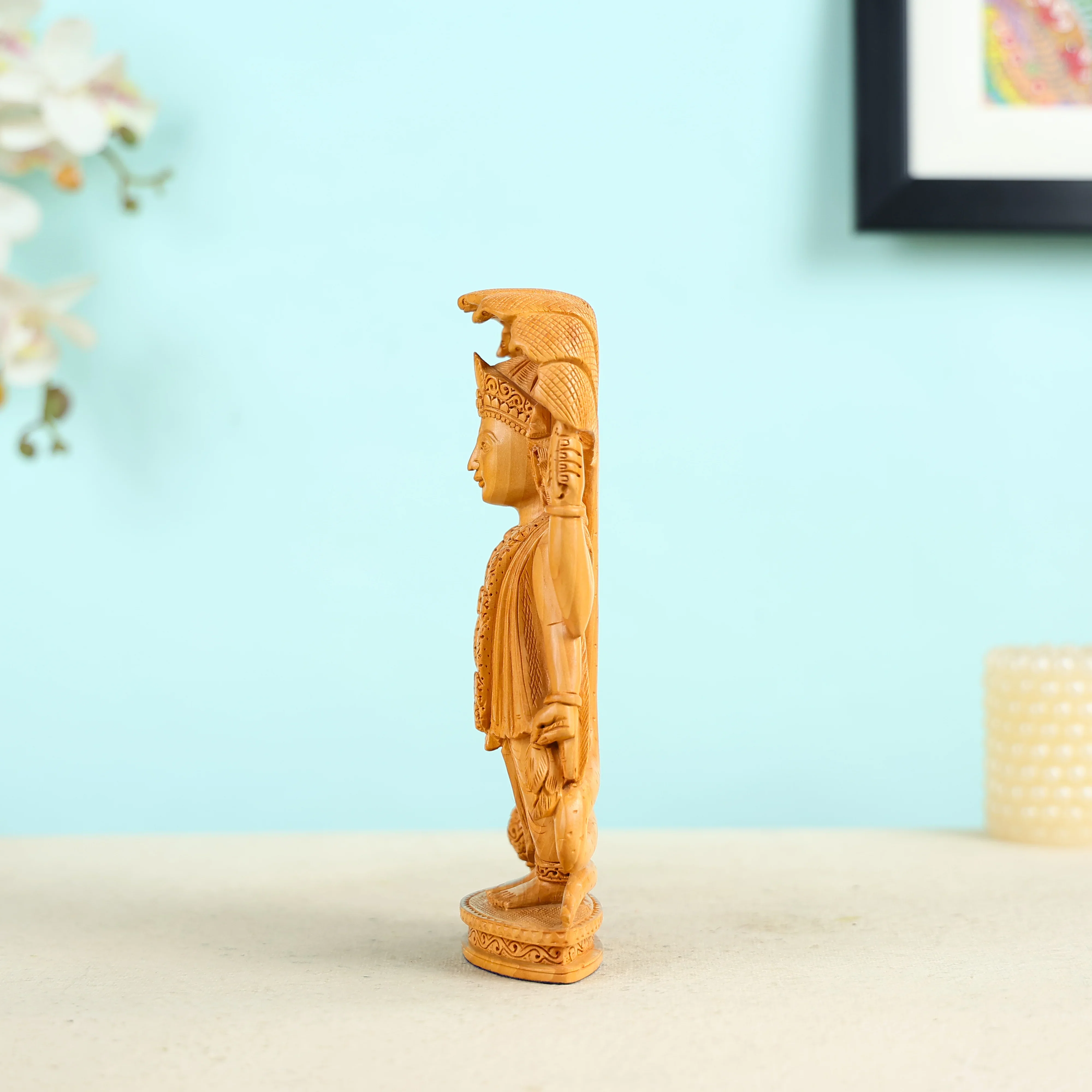 Kadam Wood Hand Carved Lord Vishnu Statue - Image 3