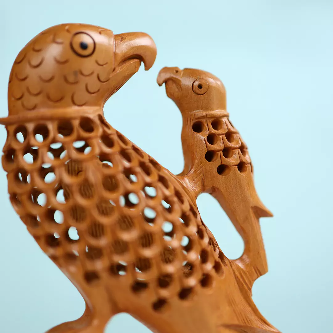 Kadam Wood Hand Carved Under-Cut Parrot Mother And Child - Image 5
