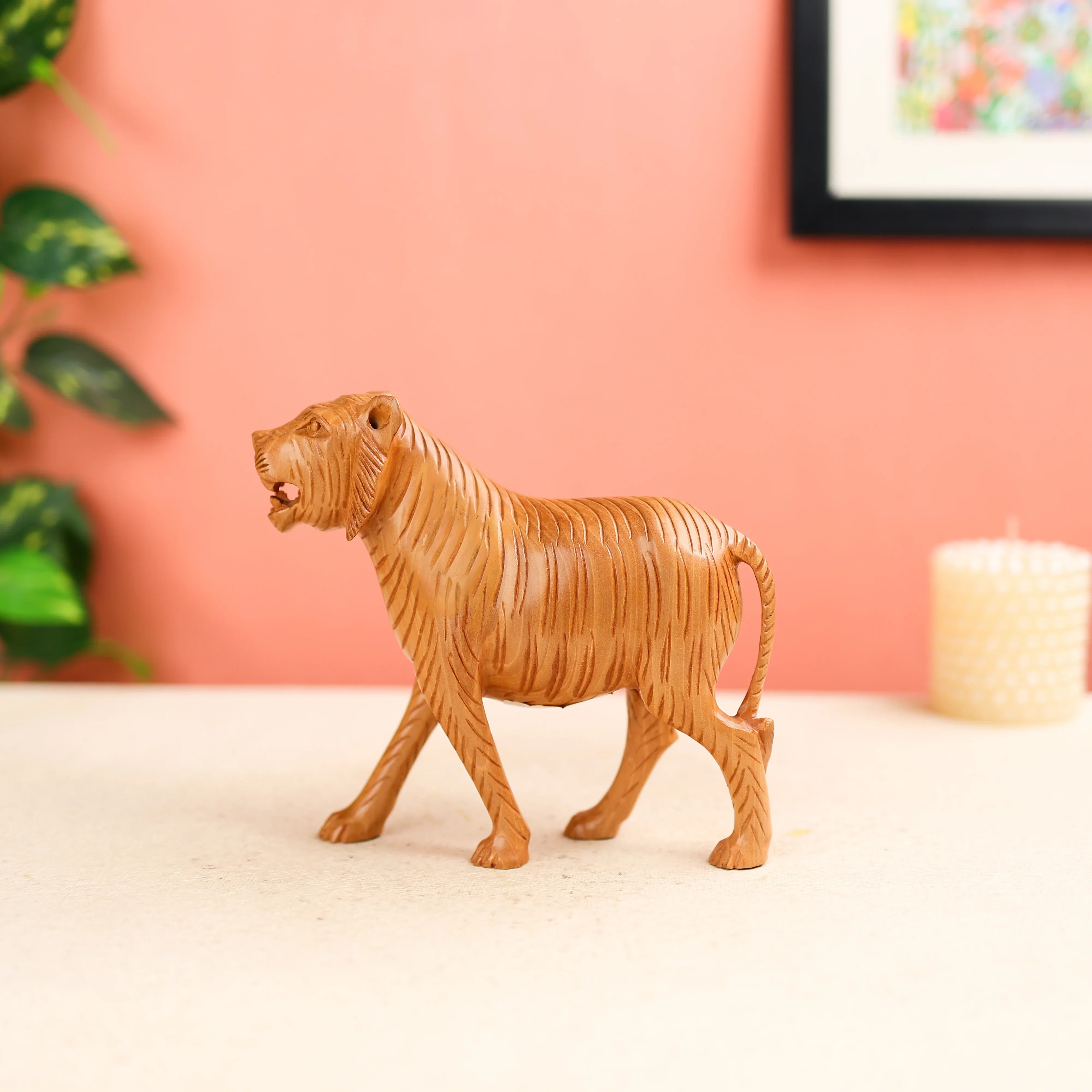 Kadam Wood Carved Bengal Tiger Table Decor