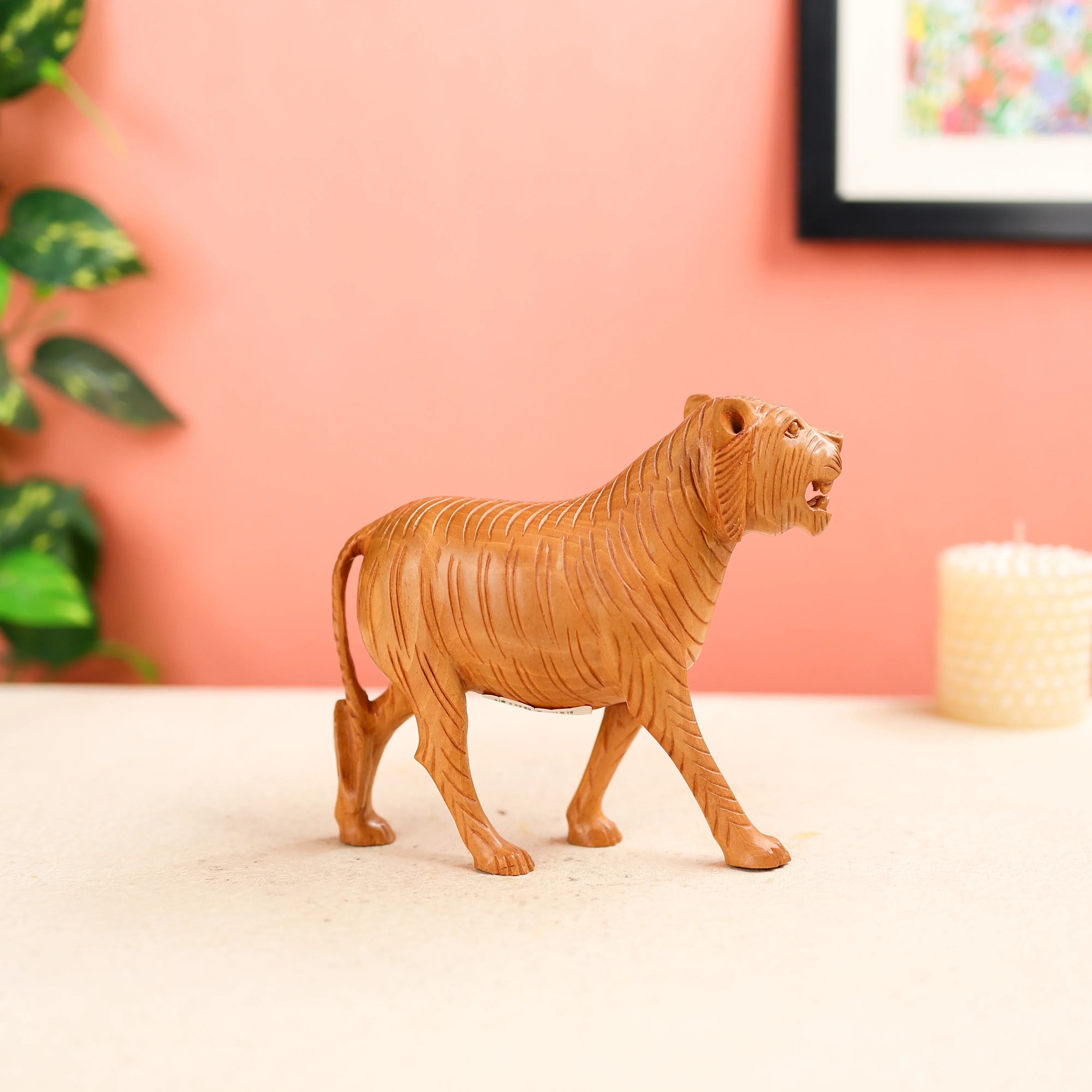 Kadam Wood Carved Bengal Tiger Table Decor - Image 4