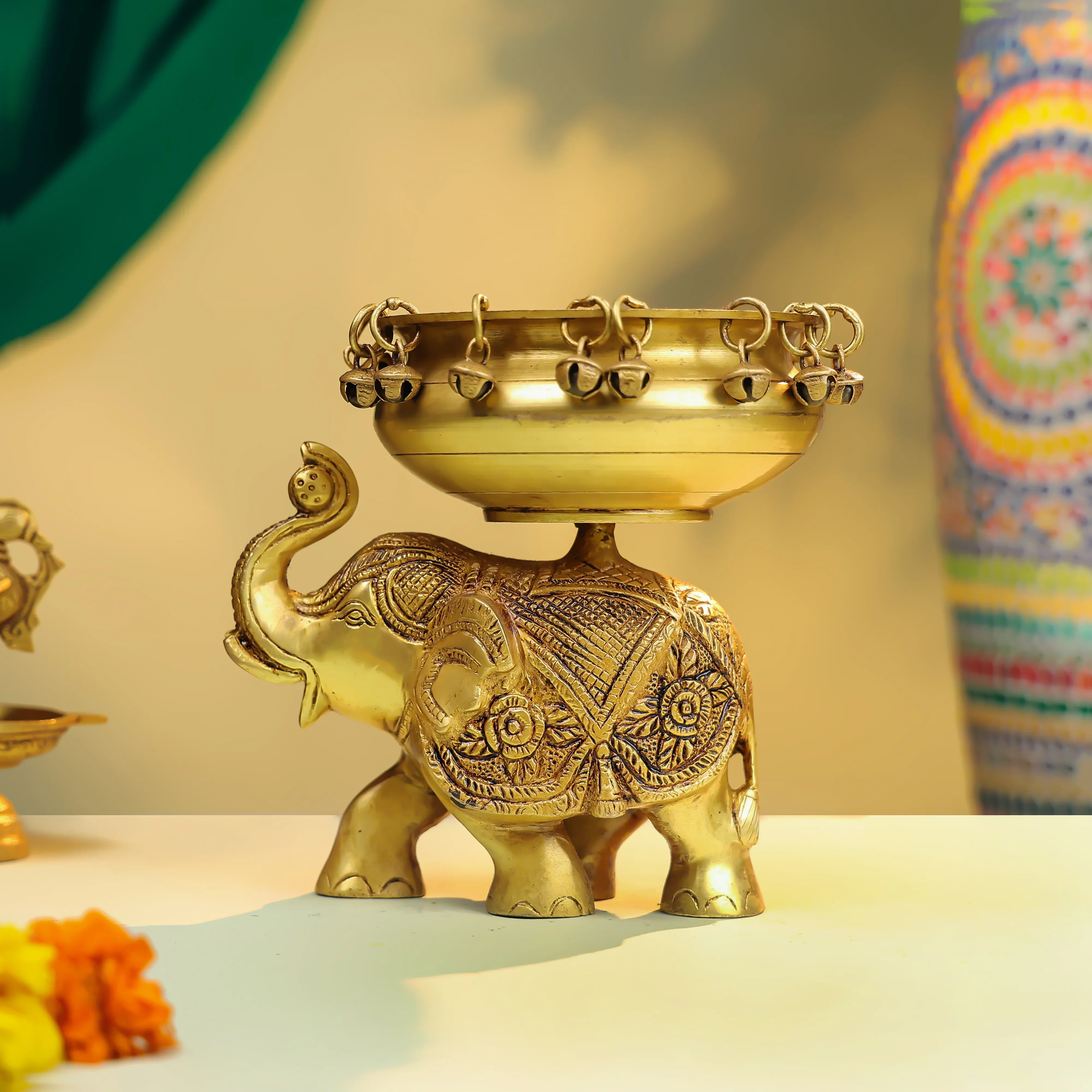 6" Brass Elephant Urli - Image 3
